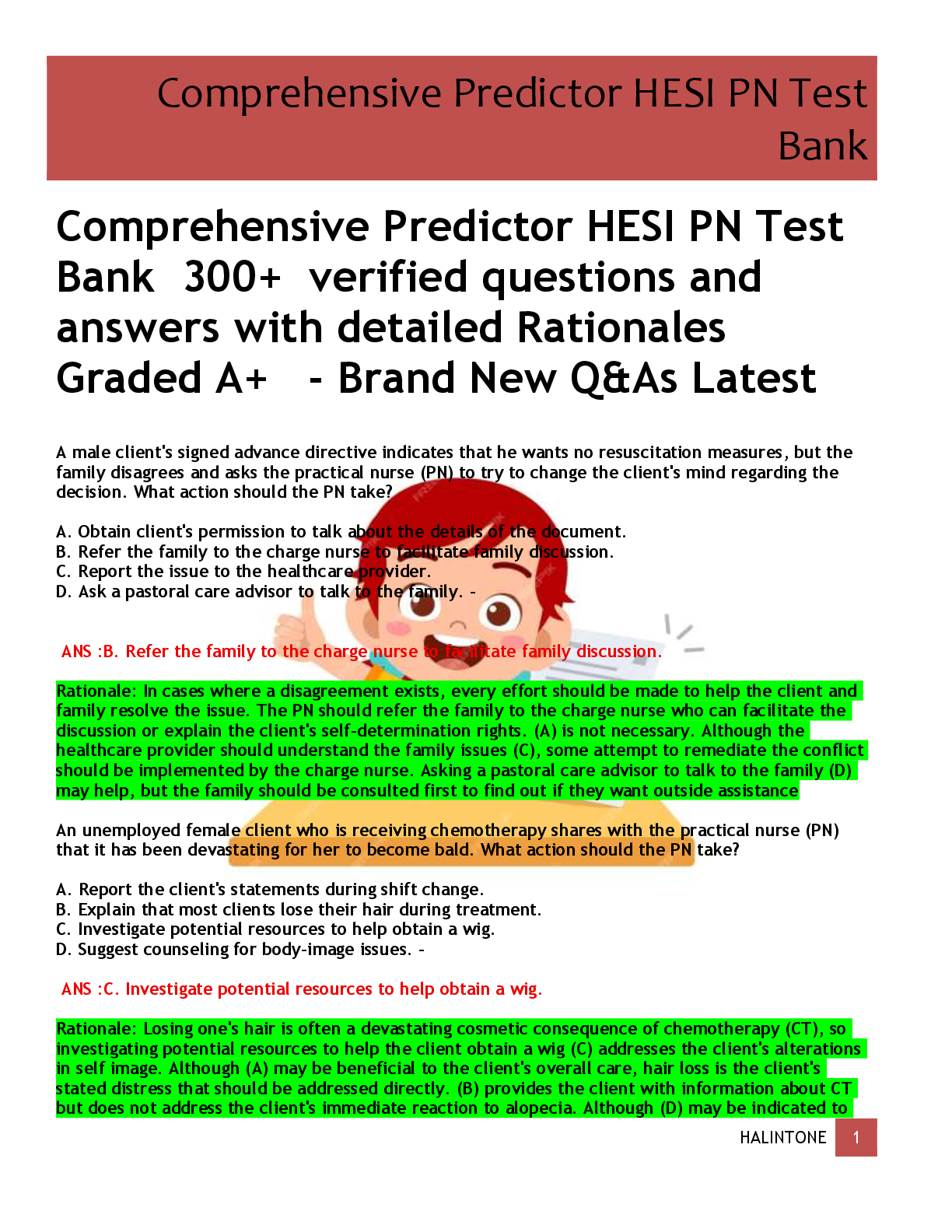 Preview of Comprehensive Predictor HESI PN Test  Bank  300+  verified questions and  answers with det