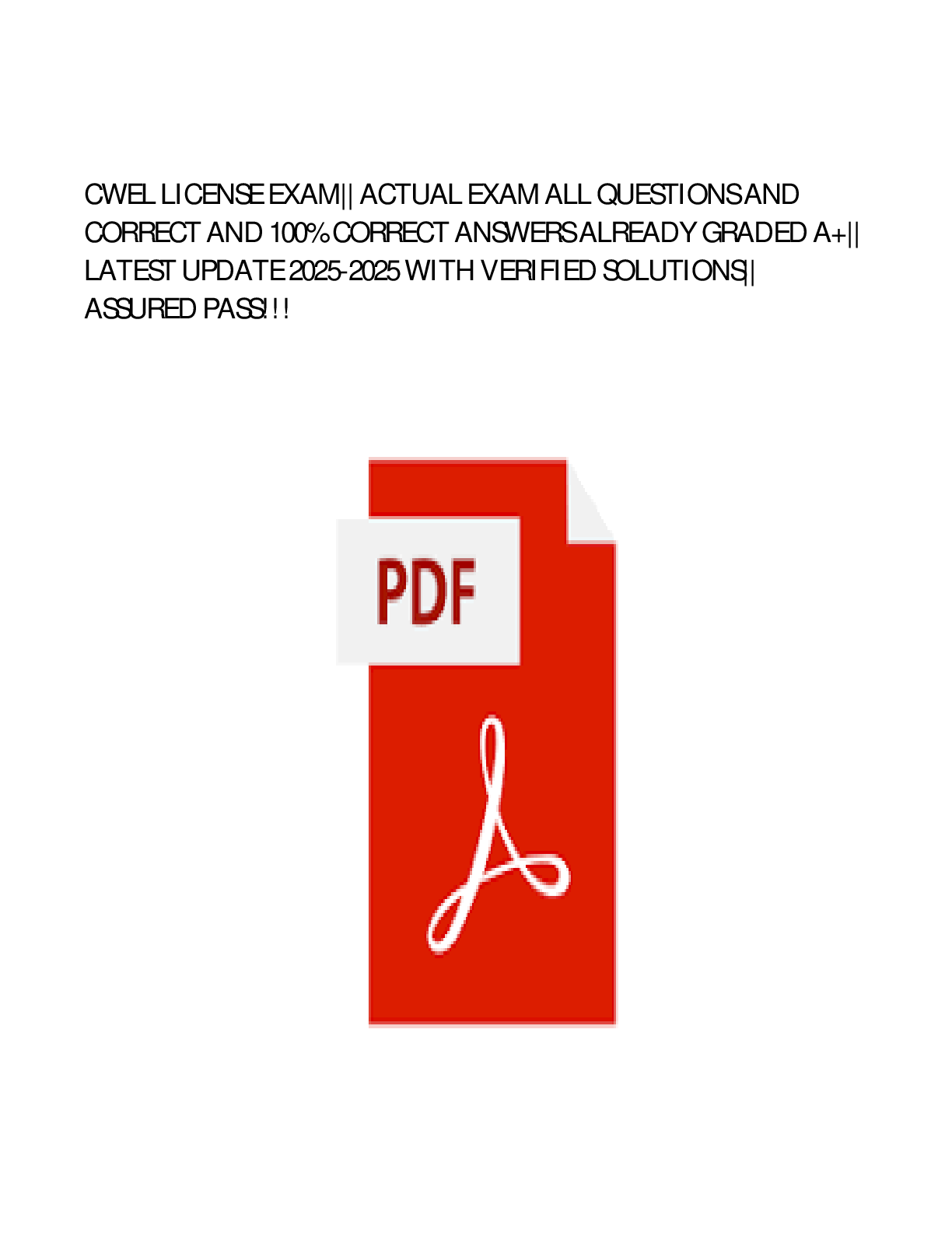 Preview image for CWEL LICENSE EXAM 2025 QUESTIONS AND ANSWERS....Alpha