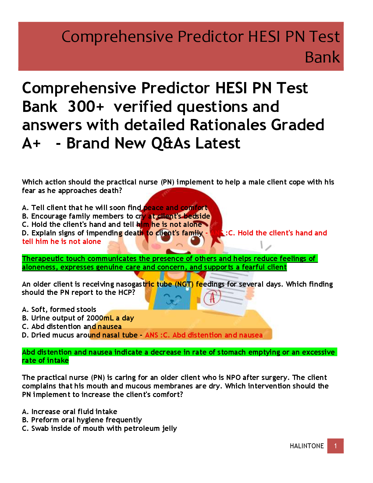 Preview of Comprehensive Predictor HESI PN Test  Bank  300+  verified questions and  answers with det