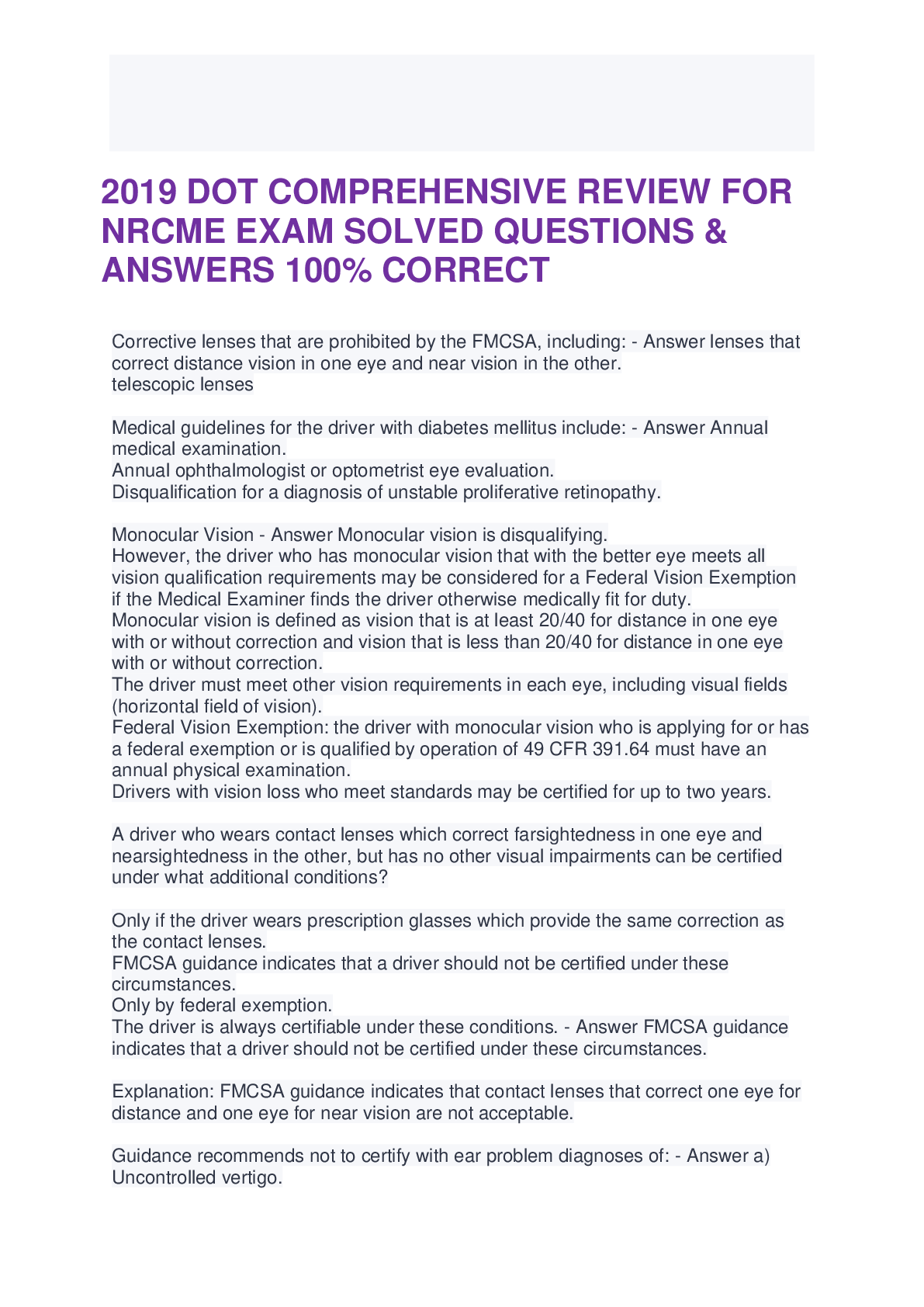 Preview image for 2019 DOT COMPREHENSIVE REVIEW FOR  NRCME EXAM SOLVED QUESTIONS &  ANSWERS 100% CORRECT