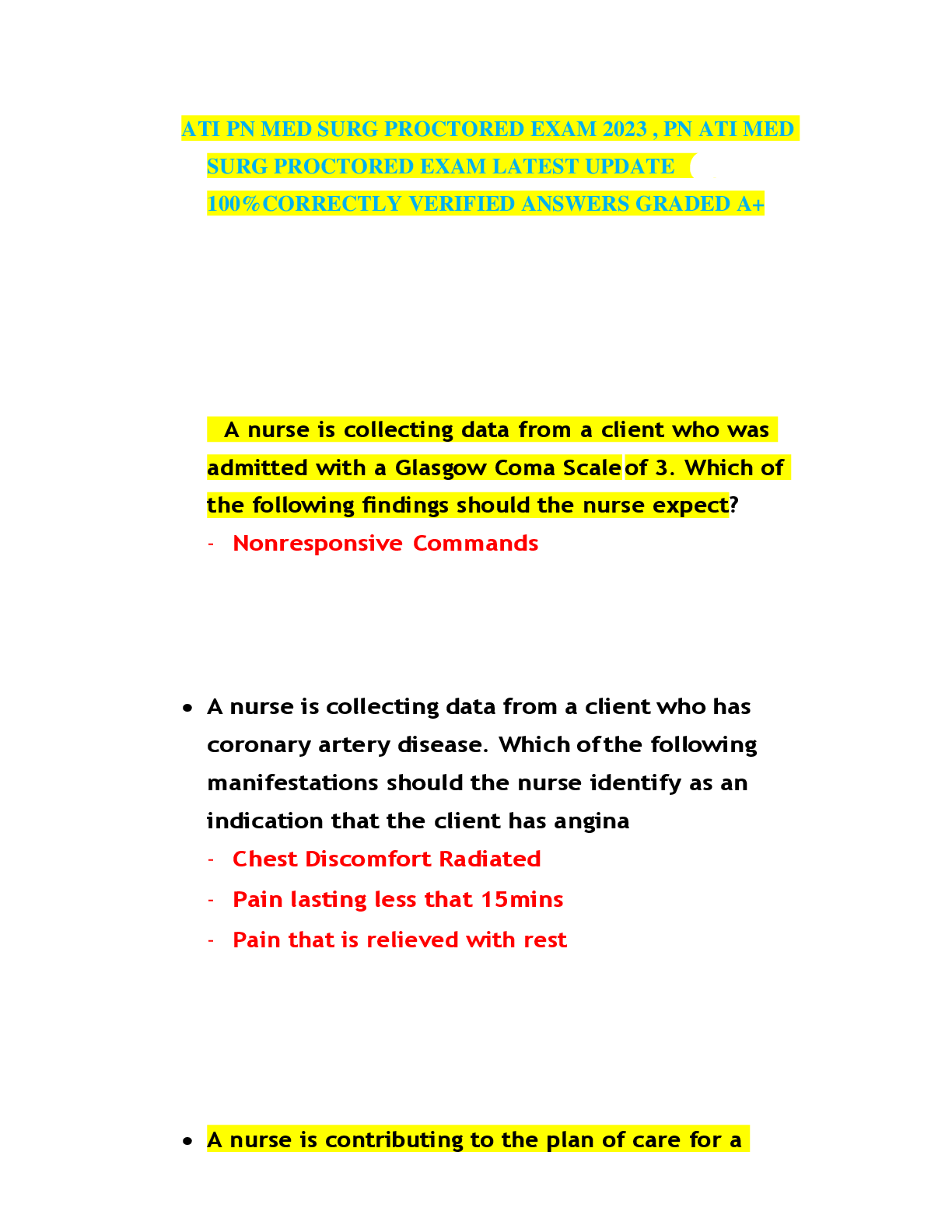 Preview image for ATI PN MED SURG PROCTORED EXAM 2023, PN ATI MED SURG PROCTORED EXAM LATEST UPDATE 100% CORRECTLY VERIFIED ANSWERS GRADED A+