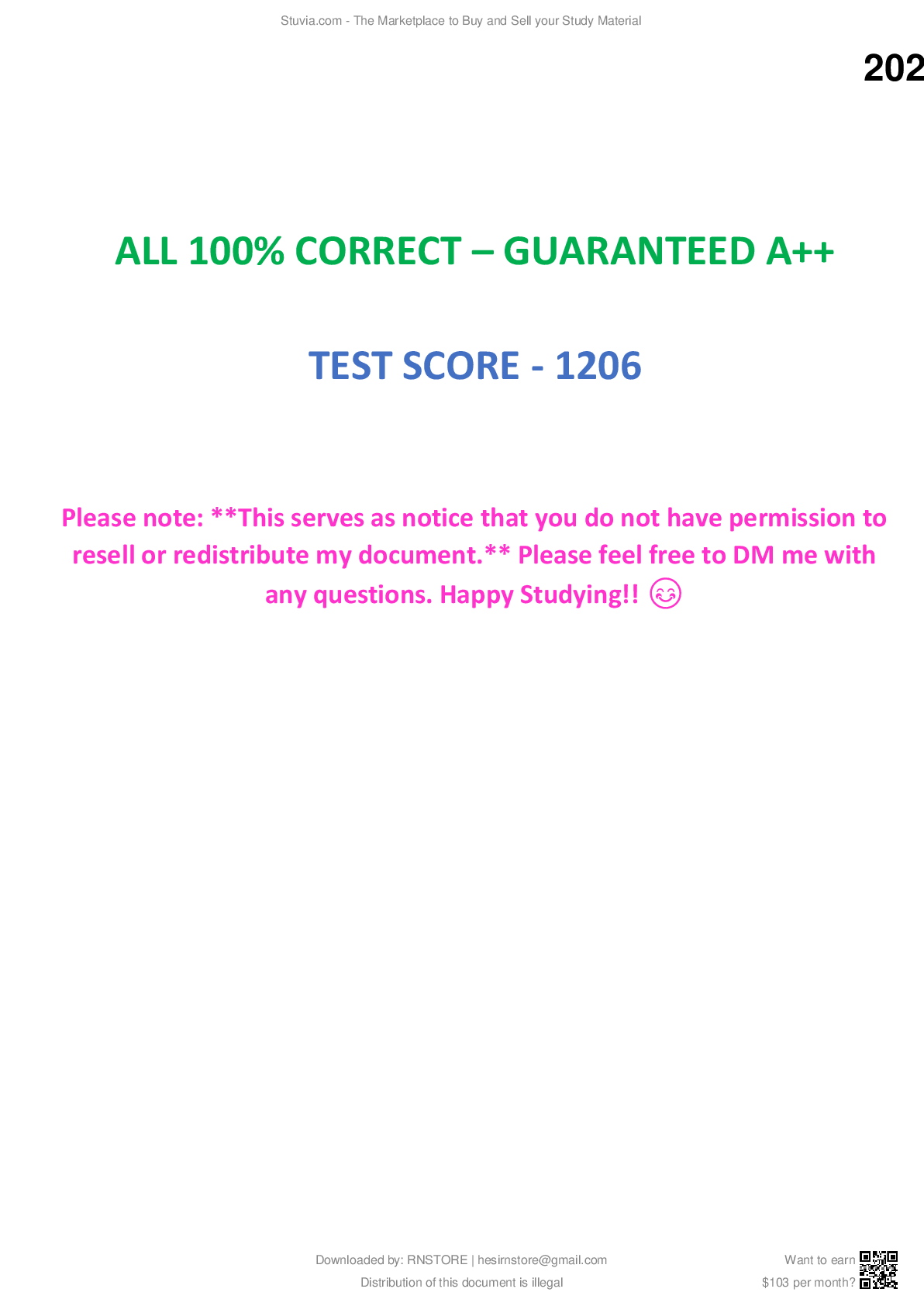 Preview image for HESI RN CRITICAL REAL EXAM ALL 100% CORRECT – GUARANTEED A++  TEST SCORE - 1206