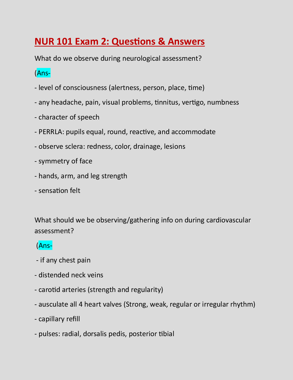 Preview image for NUR 101 Exam 2: Questions & Answers: Latest Updated