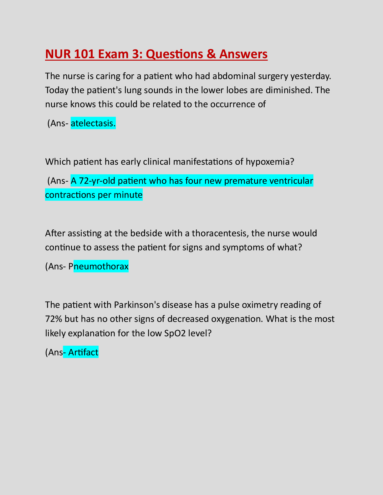 Preview image for NUR 101 Exam 3: Questions & Answers: Latest Updated Guide