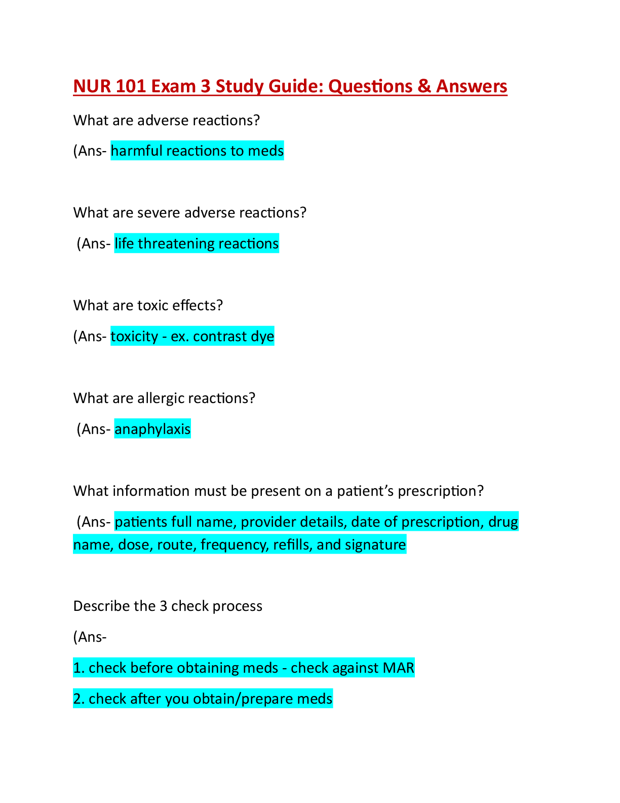 Preview image for NUR 101 Exam 3 Study Guide: Questions & Answers: Latest Updated