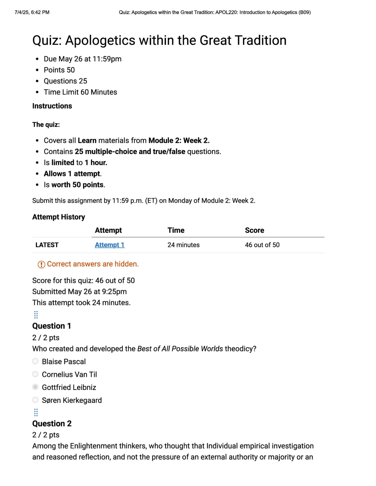 Preview image for APOL 220 Quiz: Apologetics within the Great Tradition | Score 46/50 | Liberty University