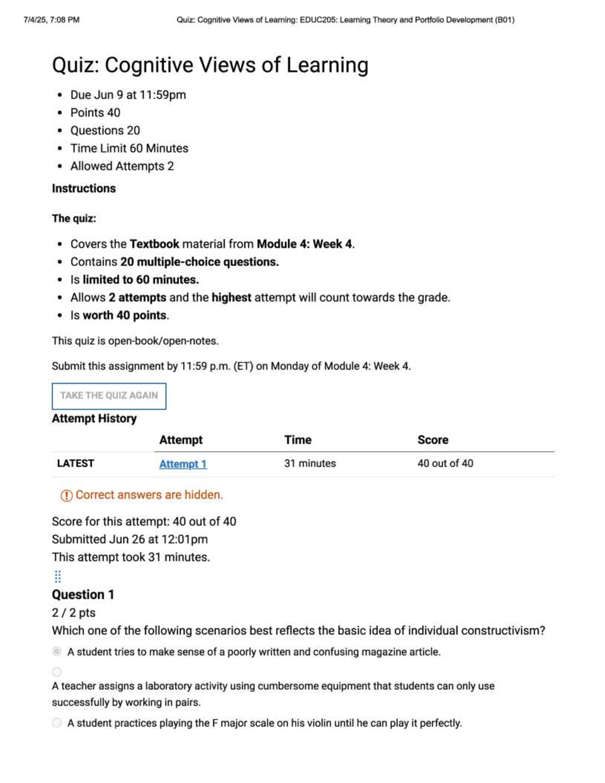 EDUC 205 Quiz: Cognitive Views of Learning | Score 40/40 | Liberty University