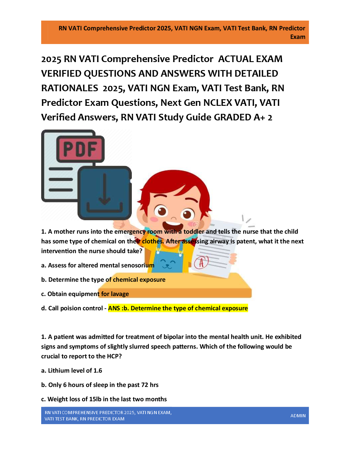Preview of VATI NGN Exam, VATI Test Bank, RN  Predictor Exam Questions, Next Gen NCLEX VATI, VATI  Ve