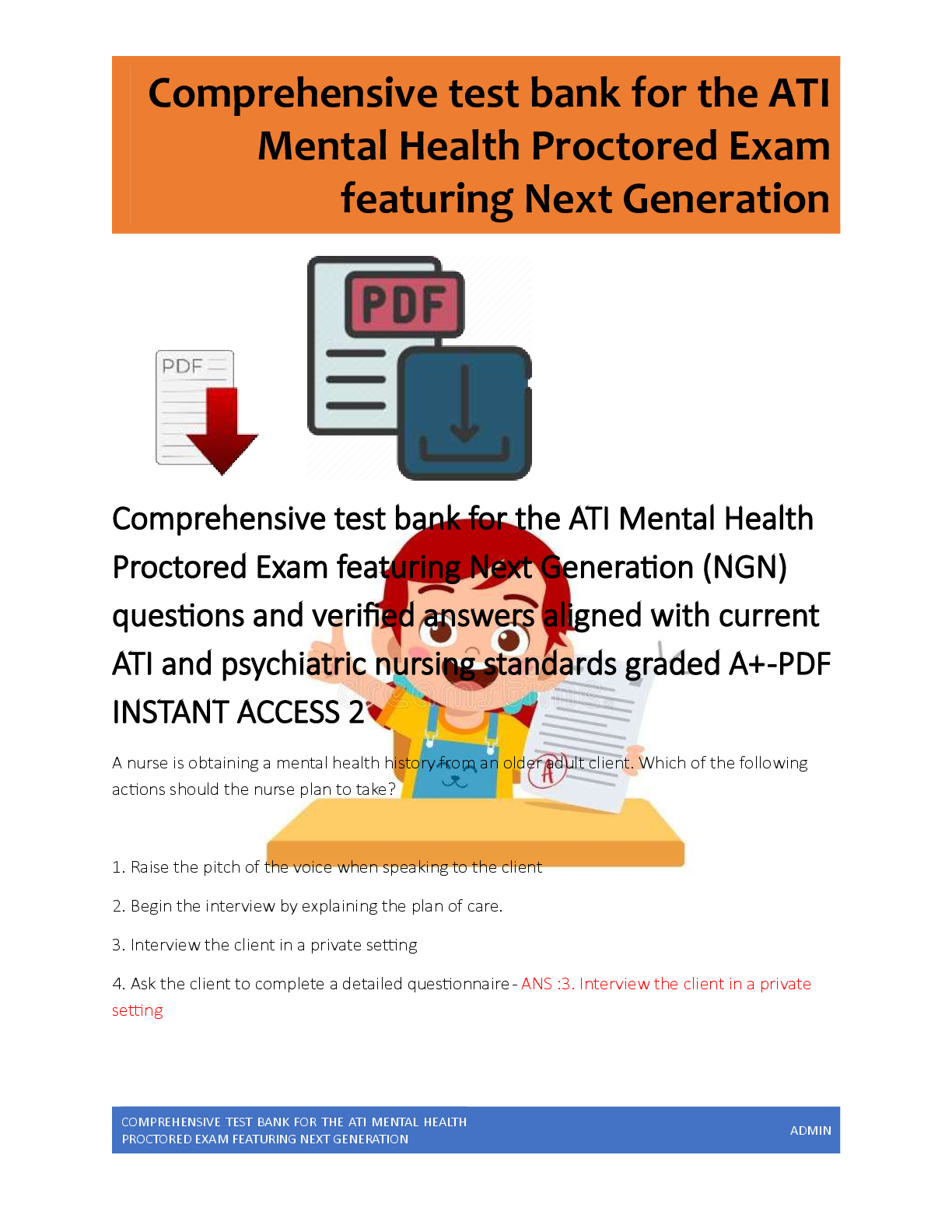 Comprehensive test bank for the ATI Mental Health  Proctored Exam featuring Next Generation (NGN)