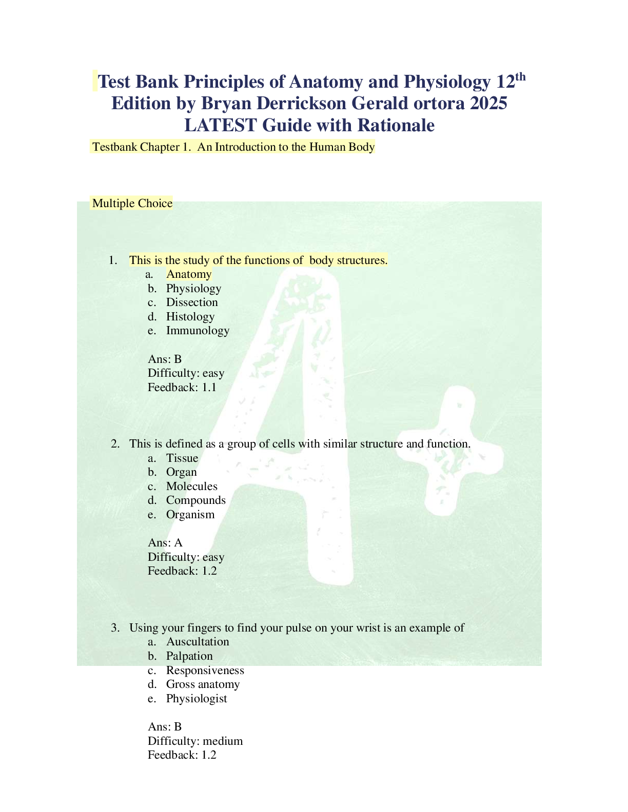 Preview of Test Bank Principles of Anatomy and Physiology 12th  Edition by Bryan Derrickson Gerald or