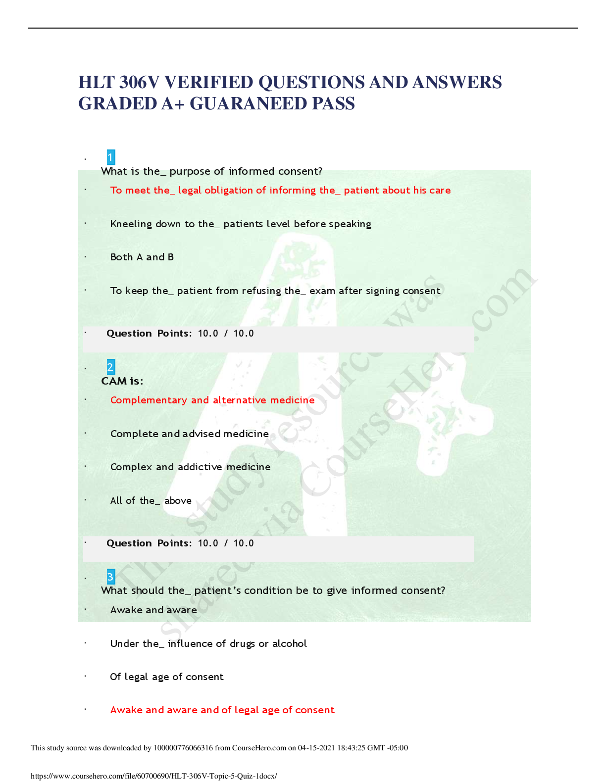 HLT 306V VERIFIED QUESTIONS AND ANSWERS  GRADED A+ GUARANEED PASS