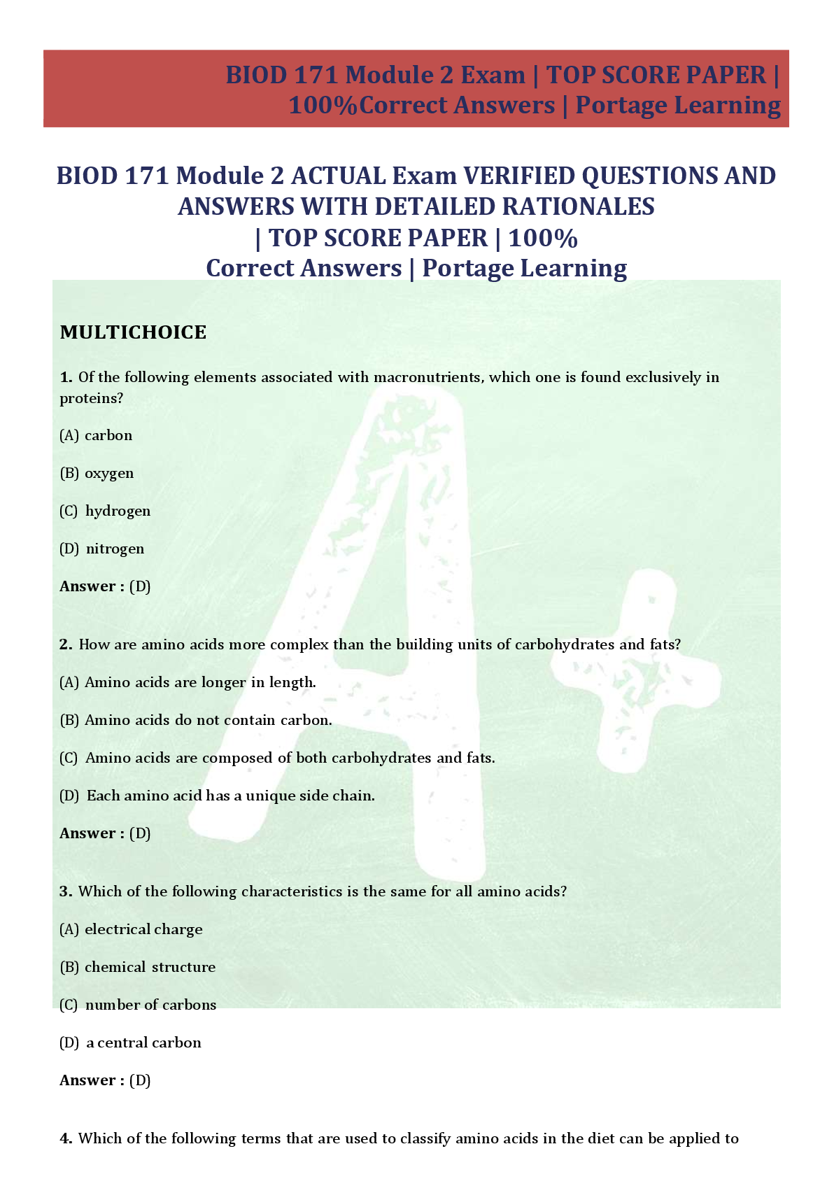 Preview of BIOD 171 Module 2 ACTUAL Exam VERIFIED QUESTIONS AND  ANSWERS WITH DETAILED RATIONALES  | TOP SCORE PAPER | 100%  Correct Answers | Portage Learning