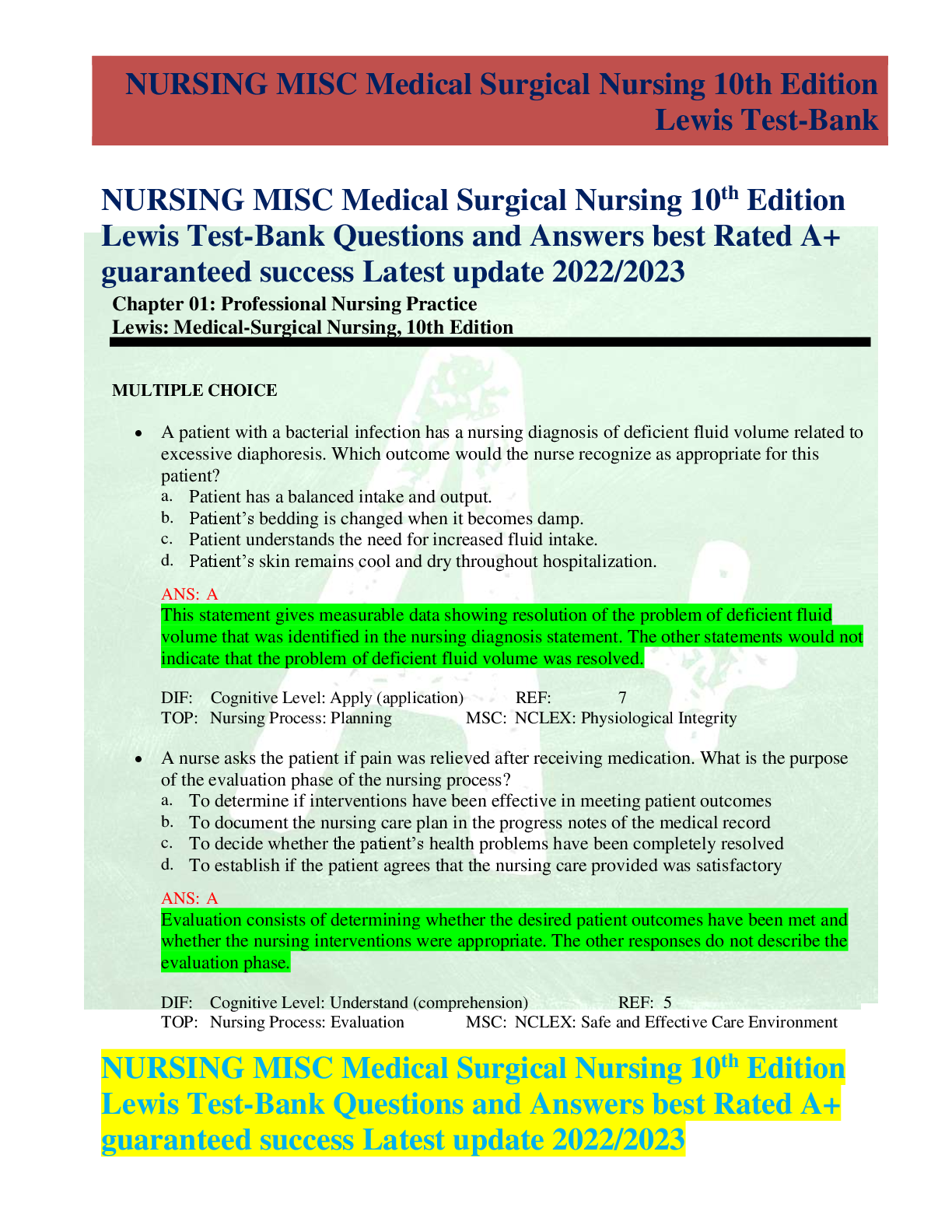 Preview of NURSING MISC Medical Surgical Nursing 10th Edition  Lewis Test-Bank Questions and Answers