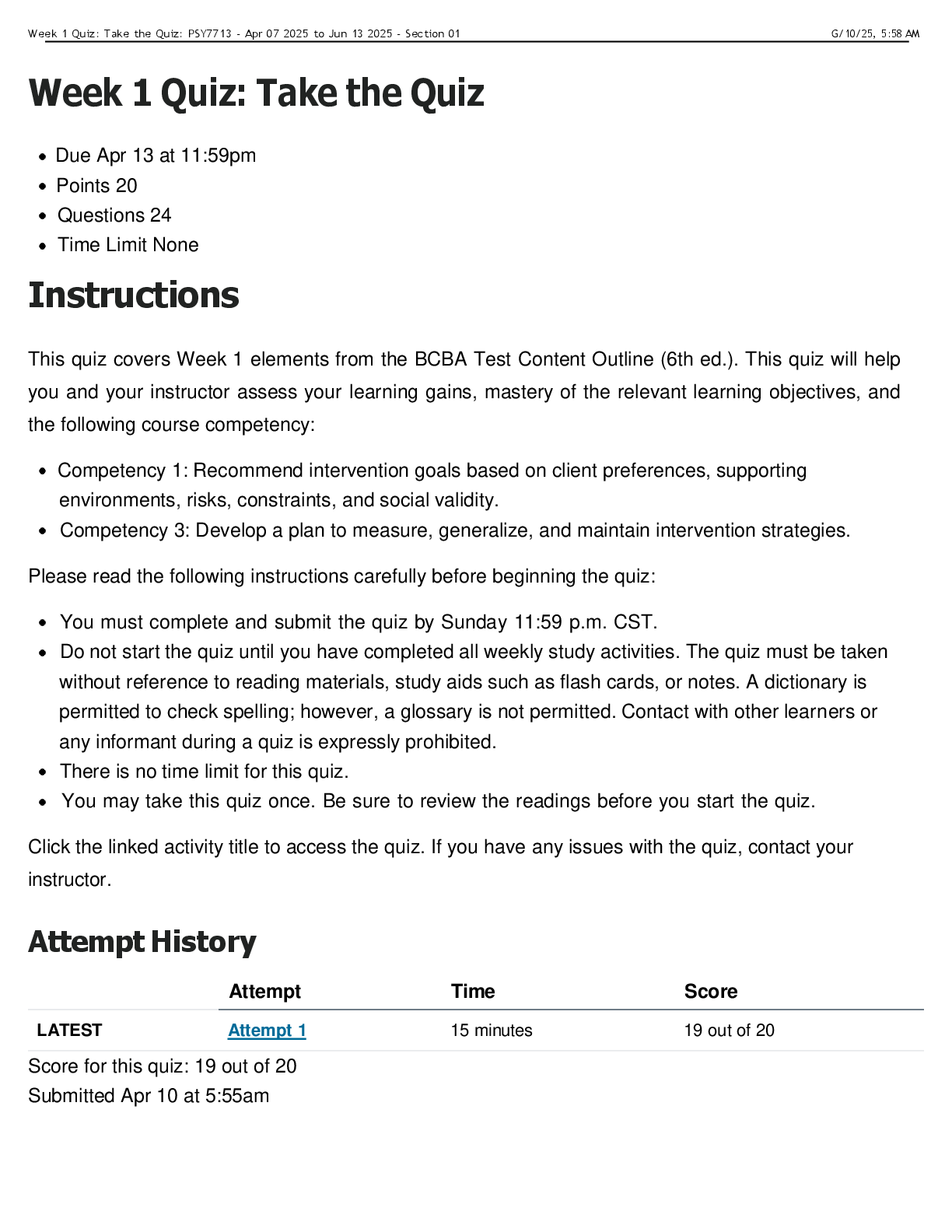 Preview image for PSY 7713 Week 1 Quiz | Score 19/20 | Capella University