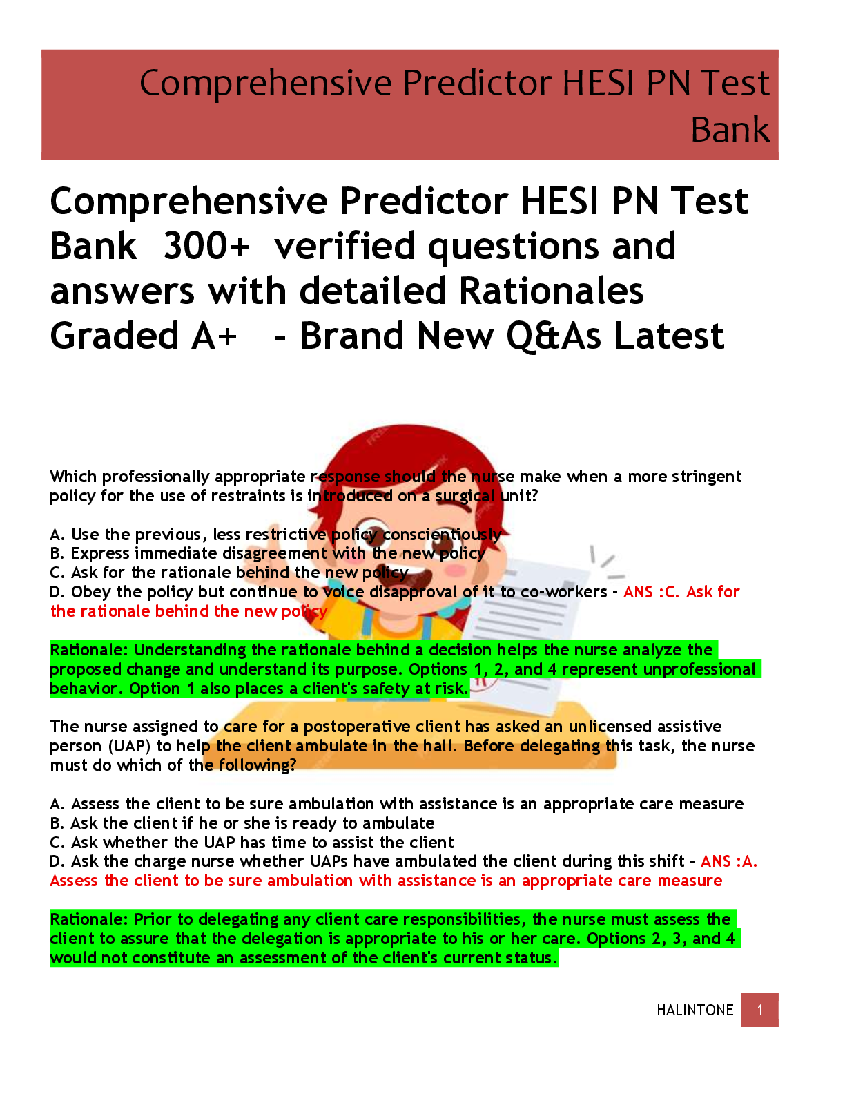 Preview of Comprehensive Predictor HESI PN Test  Bank  300+  verified questions and  answers with det
