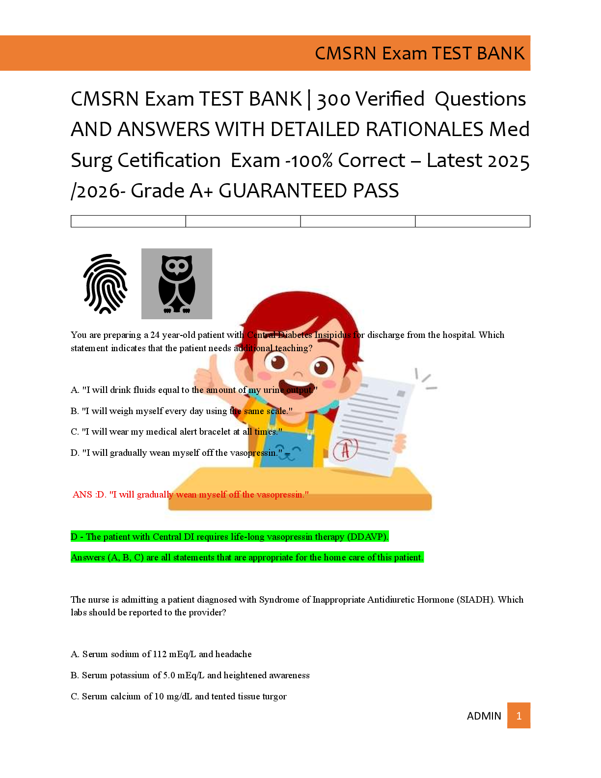 Preview of CMSRN Exam TEST BANK | 300 Verified  Questions  AND ANSWERS WITH DETAILED RATIONALES Med  Surg Cetification  Exam -100% Correct – Latest 2025  /2026- Grade A+ GUARANTEED PASS