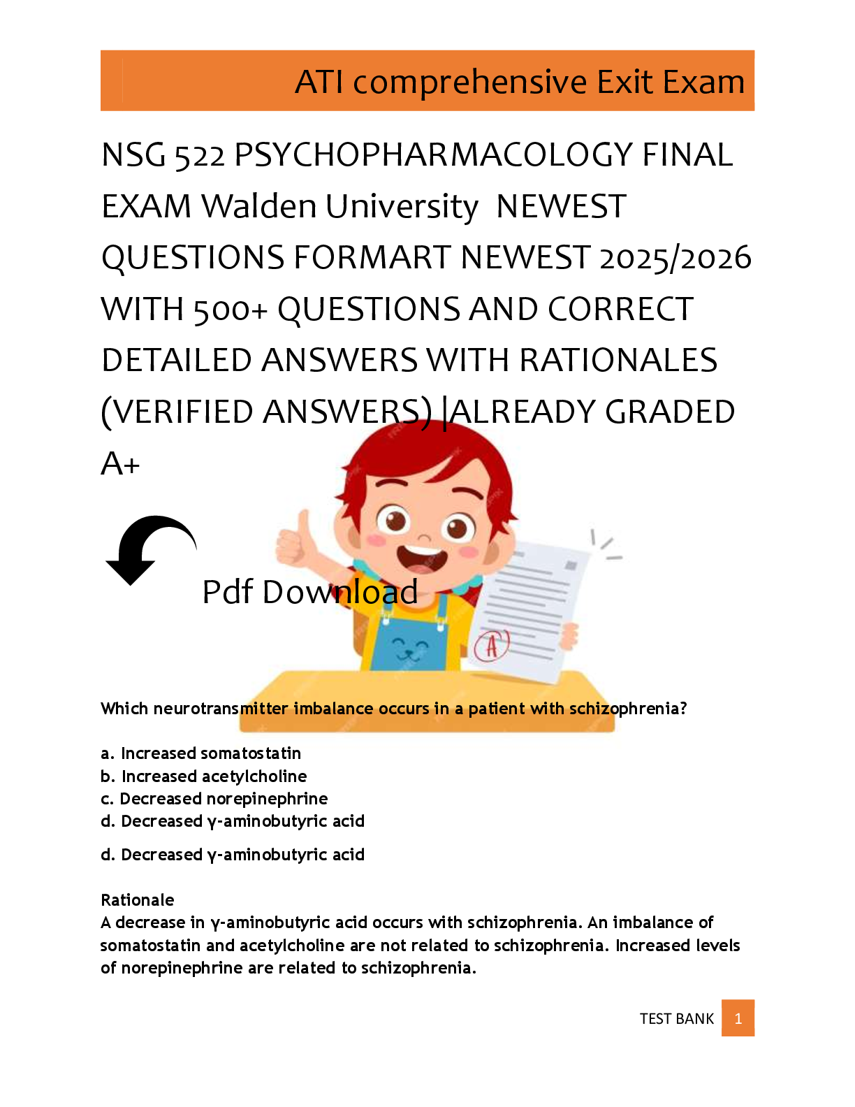Preview of NSG 522 PSYCHOPHARMACOLOGY FINAL  EXAM Walden University  NEWEST  QUESTIONS FORMART NEWEST
