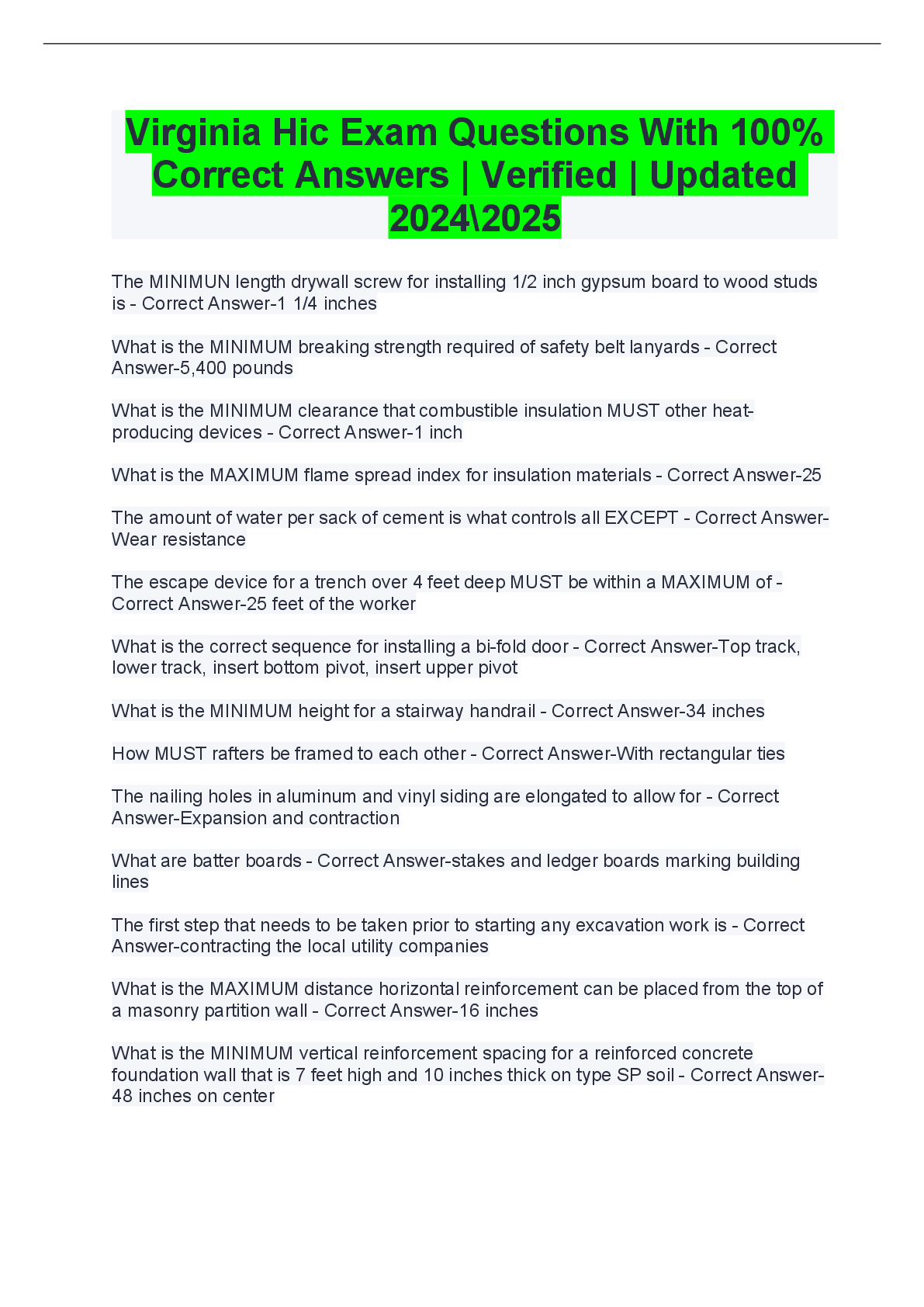 Preview of Virginia HIC Exam Questions | 100% Correct & Verified | Updated for 2024/2025