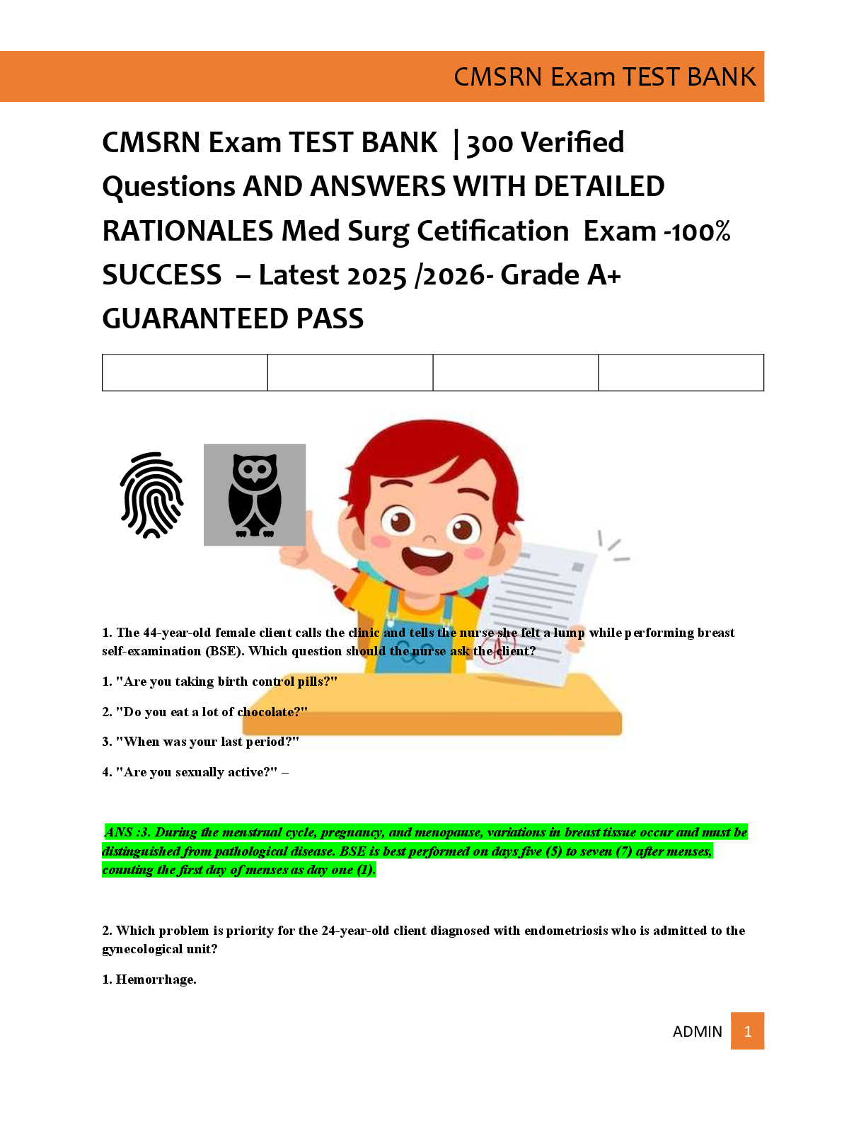 Preview of CMSRN Exam TEST BANK  | 300 Verified   Questions AND ANSWERS WITH DETAILED  RATIONALES Med Surg Cetification  Exam -100%  SUCCESS  – Latest 2025 /2026- Grade A+  GUARANTEED PASS