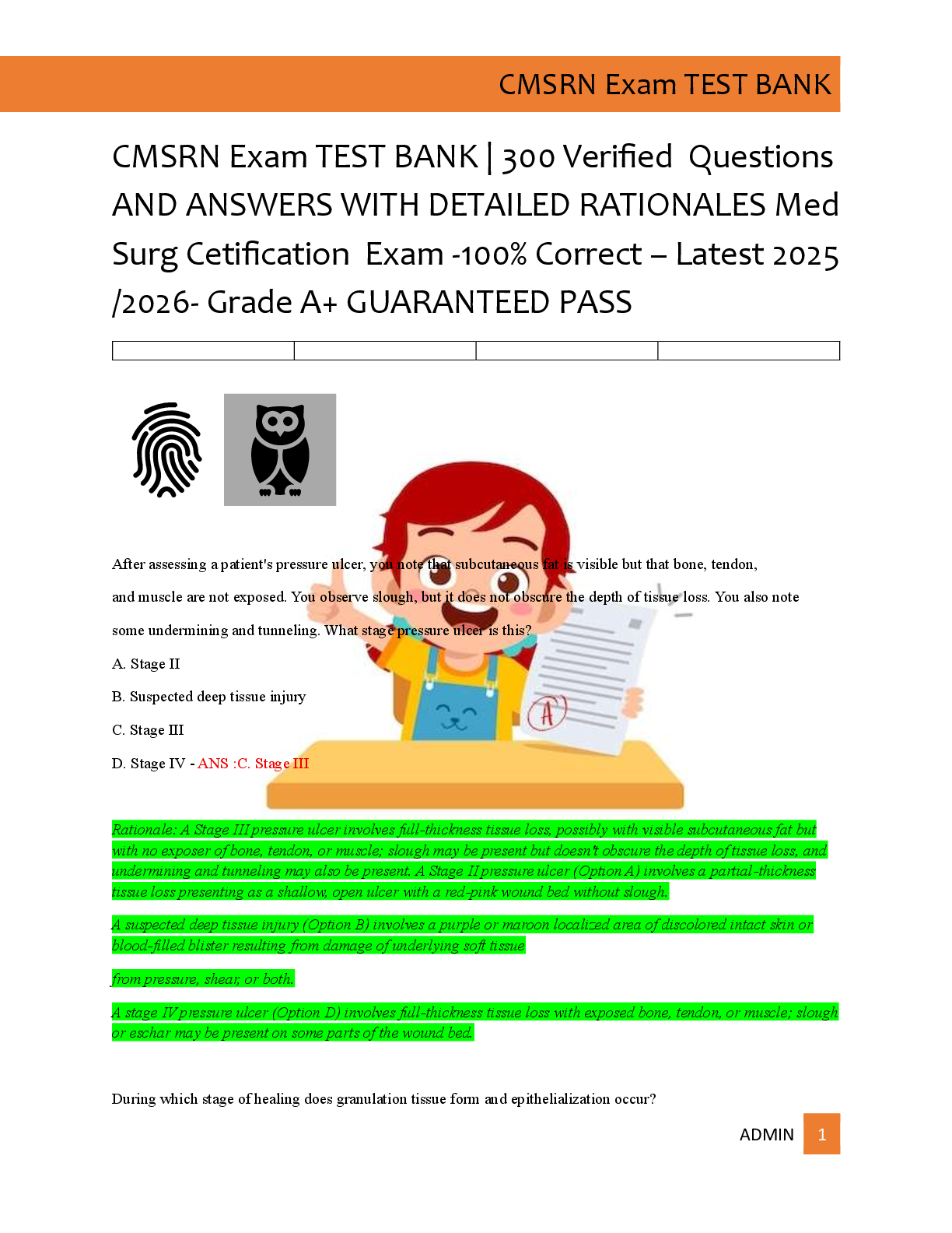 Preview of CMSRN Exam TEST BANK | 300 Verified  Questions  AND ANSWERS WITH DETAILED RATIONALES Med  Surg Cetification  Exam -100% Correct – Latest 2025  /2026- Grade A+ GUARANTEED PASS