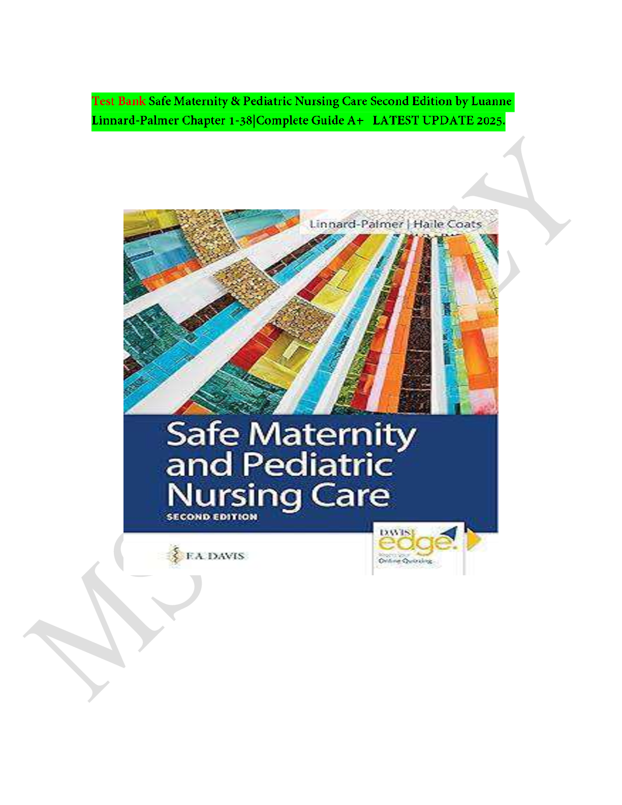 Preview image for safe Maternity & Pediatric Nursing Care – Complete Test Bank (Chapters 1–38) | Second Edition by Luanne Linnard-Palmer | Comprehensive Study Resource