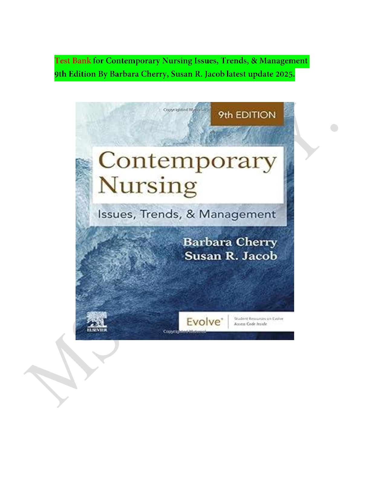 Preview image for Test Bank for Contemporary Nursing Issues, Trends, & Management 9th Edition By Barbara Cherry, Susan R. Jacob