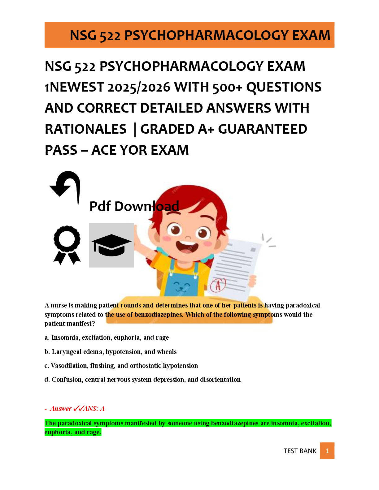Preview of NSG 522 PSYCHOPHARMACOLOGY EXAM  1NEWEST 2025/2026 WITH 500+ QUESTIONS  AND CORRECT DETAIL