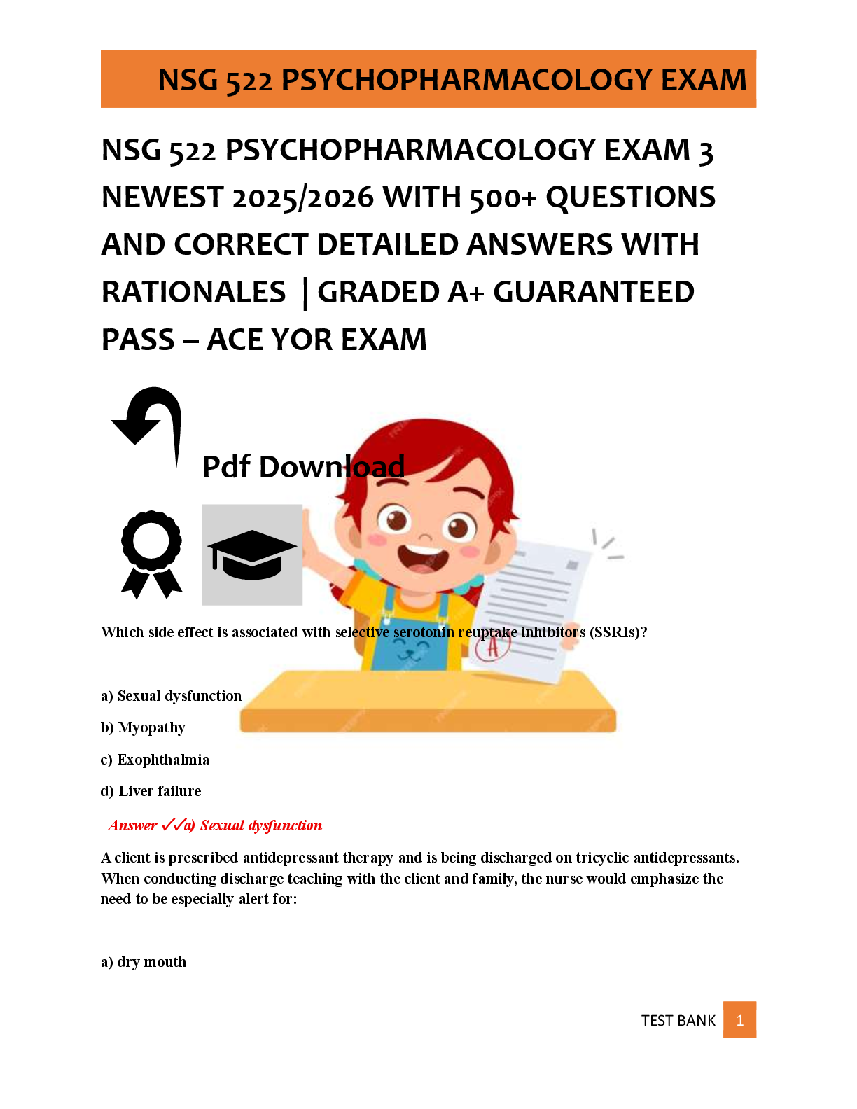 Preview of NSG 522 PSYCHOPHARMACOLOGY EXAM 3  NEWEST 2025/2026 WITH 500+ QUESTIONS  AND CORRECT DETAI
