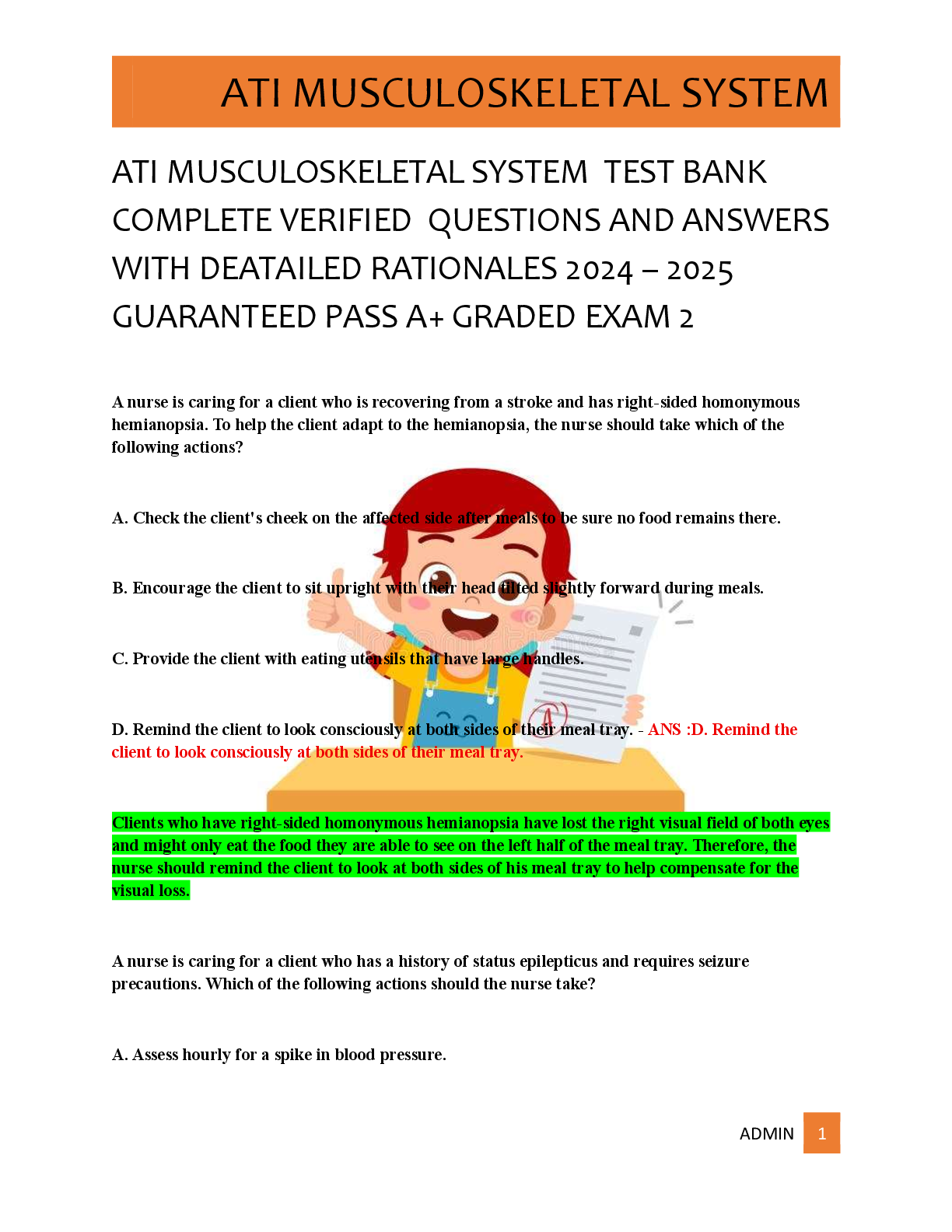 Preview of ATI MUSCULOSKELETAL SYSTEM  TEST BANK  COMPLETE VERIFIED  QUESTIONS AND ANSWERS  WITH DEAT