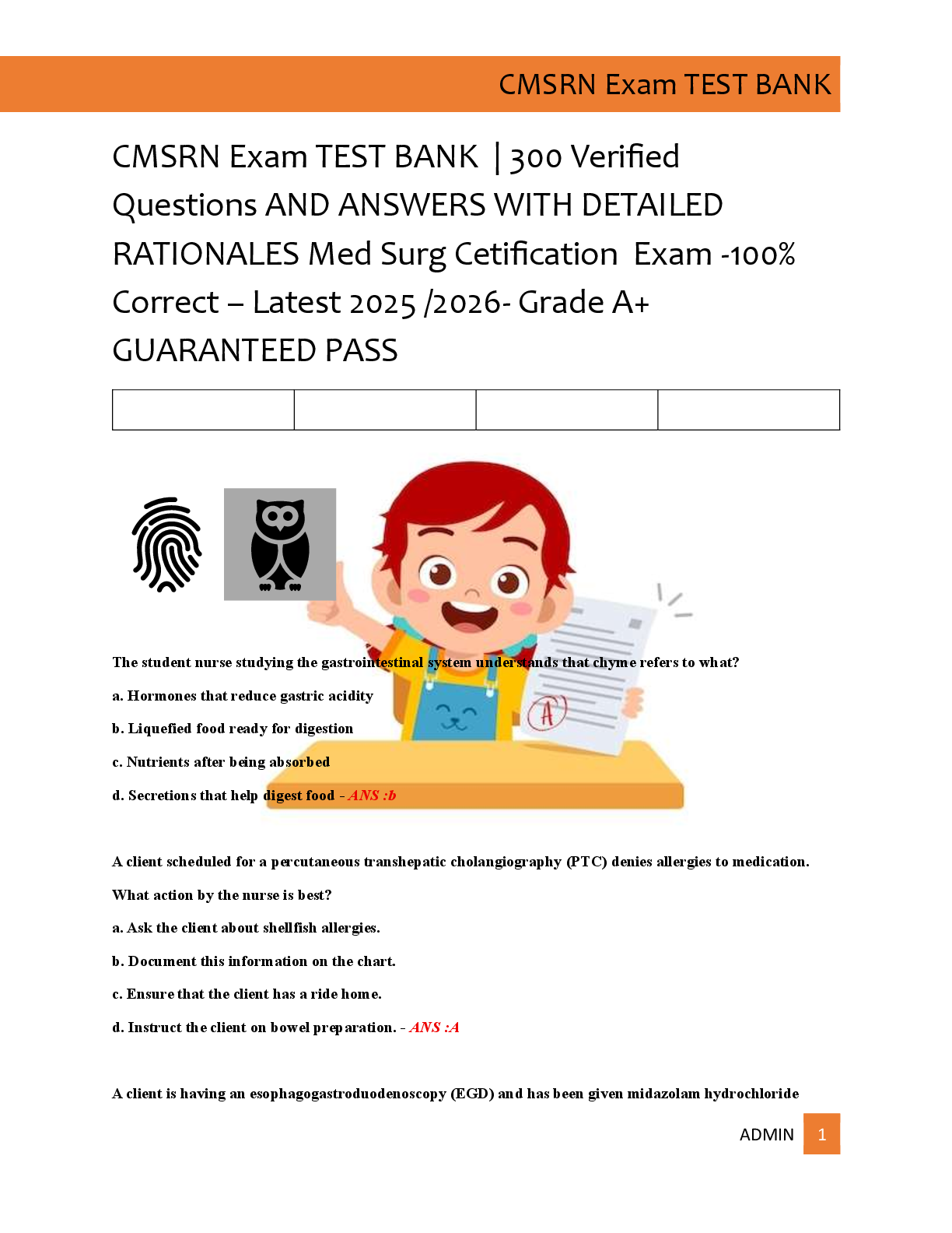 Preview of CMSRN Exam TEST BANK  | 300 Verified   Questions AND ANSWERS WITH DETAILED  RATIONALES Med Surg Cetification  Exam -100%  Correct – Latest 2025 /2026- Grade A+  GUARANTEED PASS