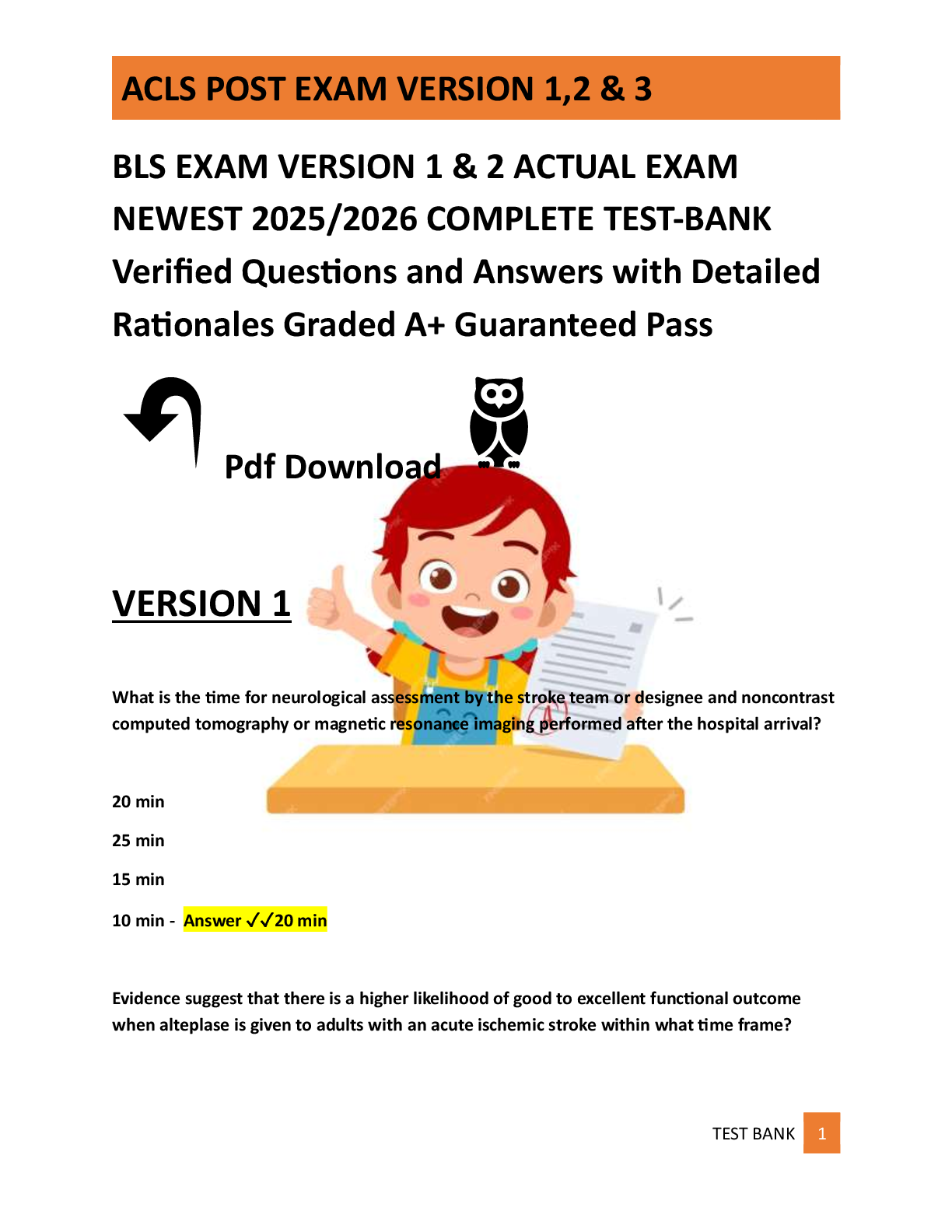 Preview of BLS EXAM VERSION 1 &amp; 2 ACTUAL EXAM  NEWEST 2025/2026 COMPLETE TEST-BANK  Verified Questions and Answers with Detailed  Rationales Graded A+ Guaranteed Pass