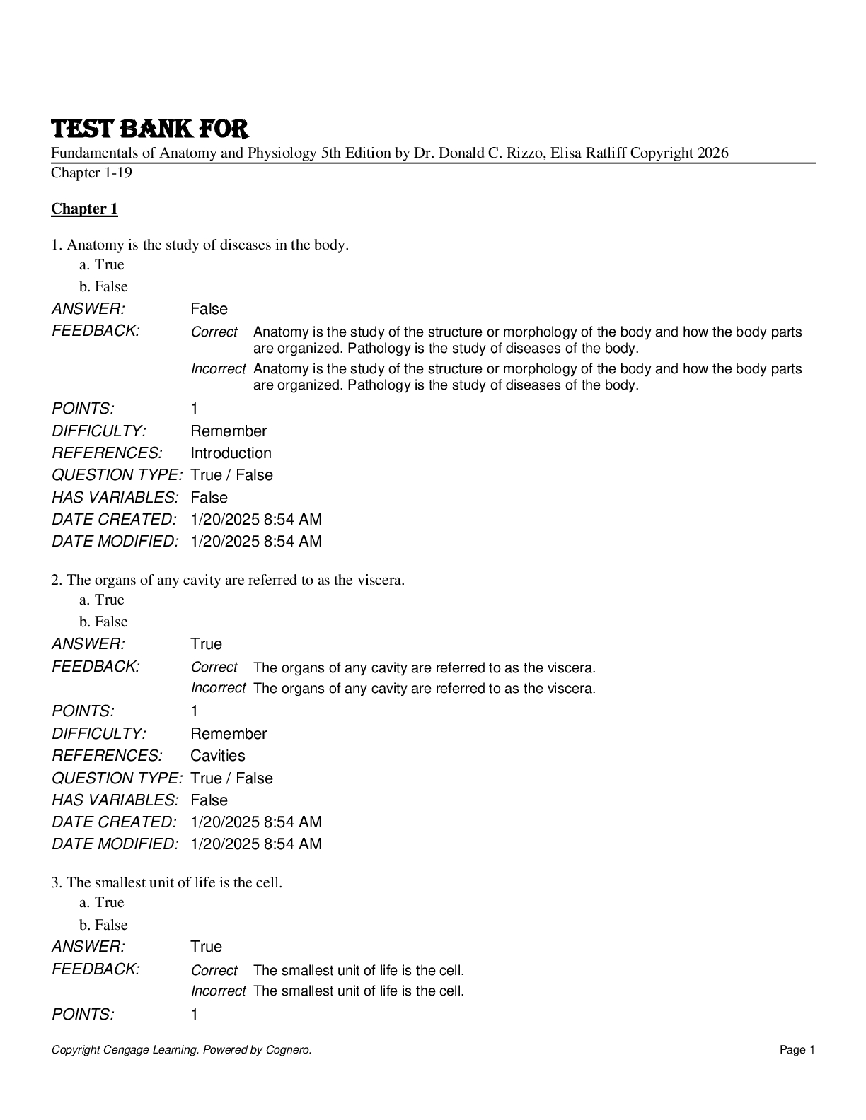 Test Bank For Fundamentals of Anatomy and Physiology 5th Edition by Dr. Donald C. Rizzo, Elisa Ratliff Copyright 2026  Chapter 1-19 A+
