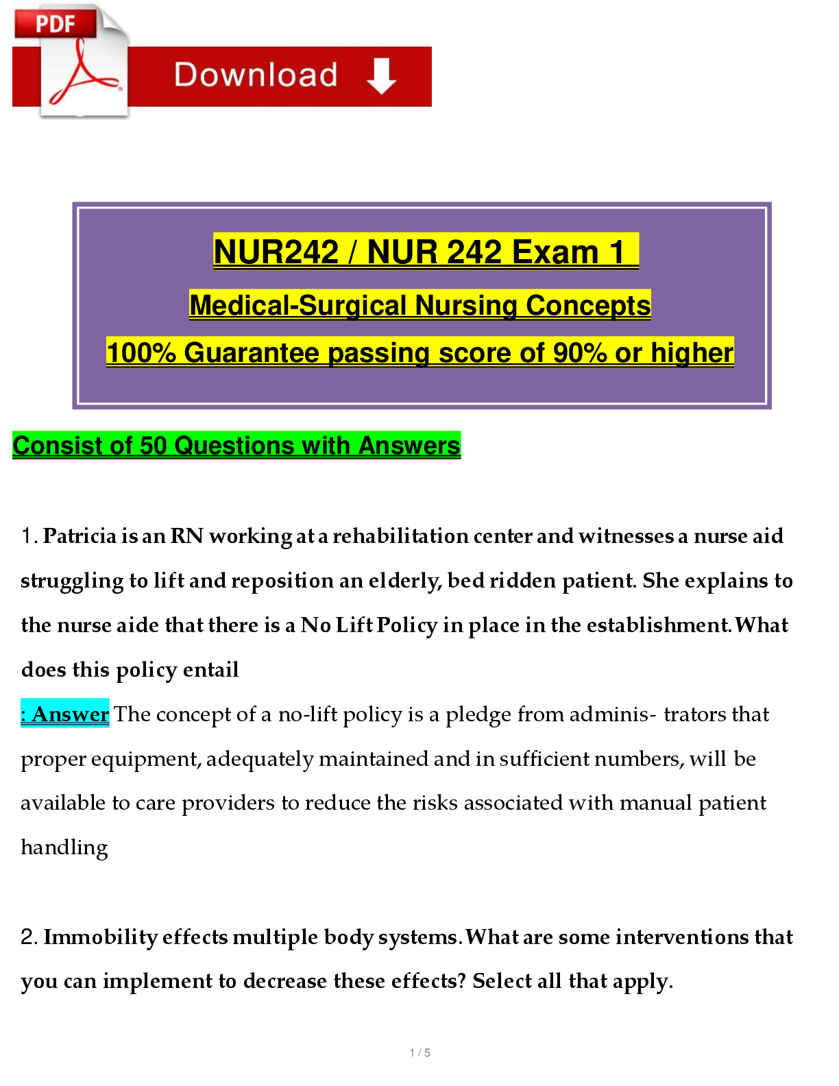 NUR242 / NUR 242 Exam 1 Medical-Surgical Nursing Concepts 100% Guarantee passing score of 90% or higher A+