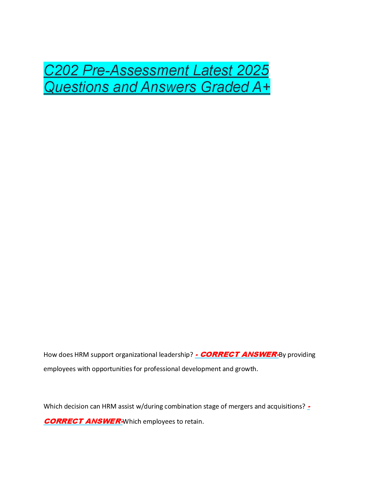 C202 Managing Human Capital Exam  Latest Questions and Answers Graded  A+