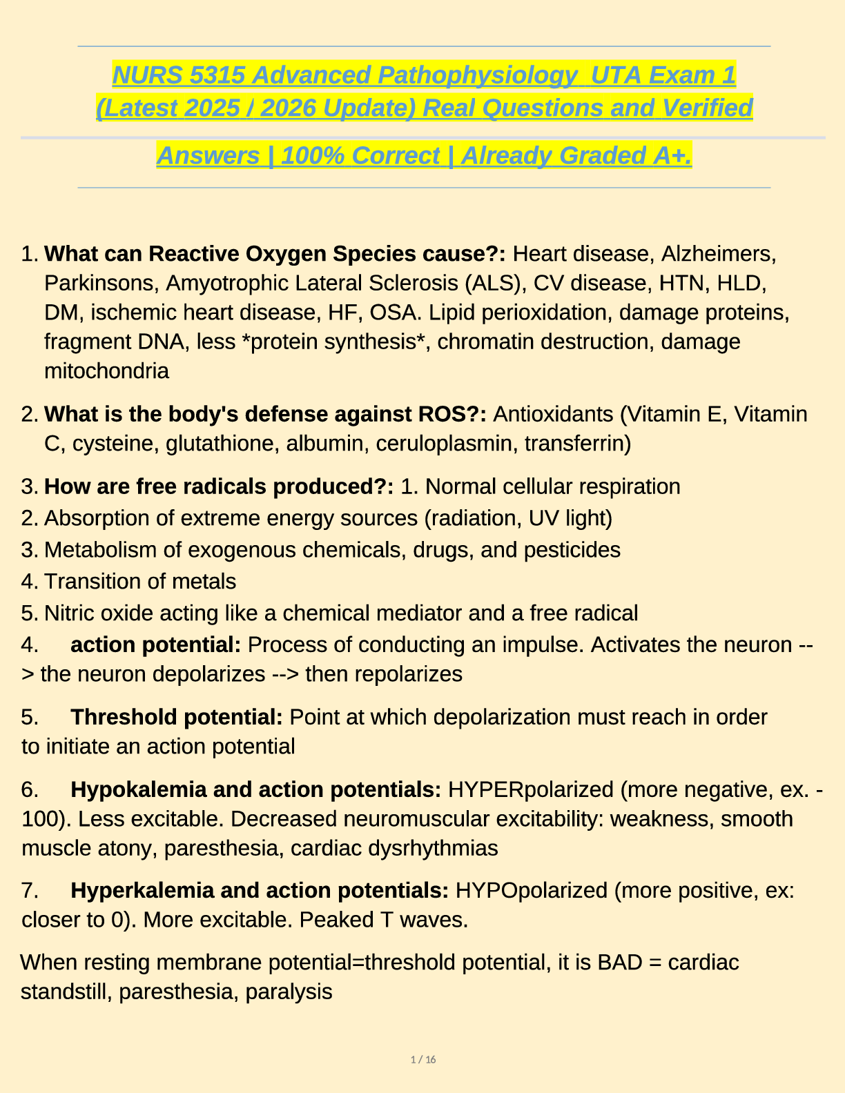 Preview image for NURS 5315 Advanced Pathophysiology (Latest 2025  2026 Update) Real UTA Exam 1 Questions and Verified Answers  100% Correct  Already Graded A+.