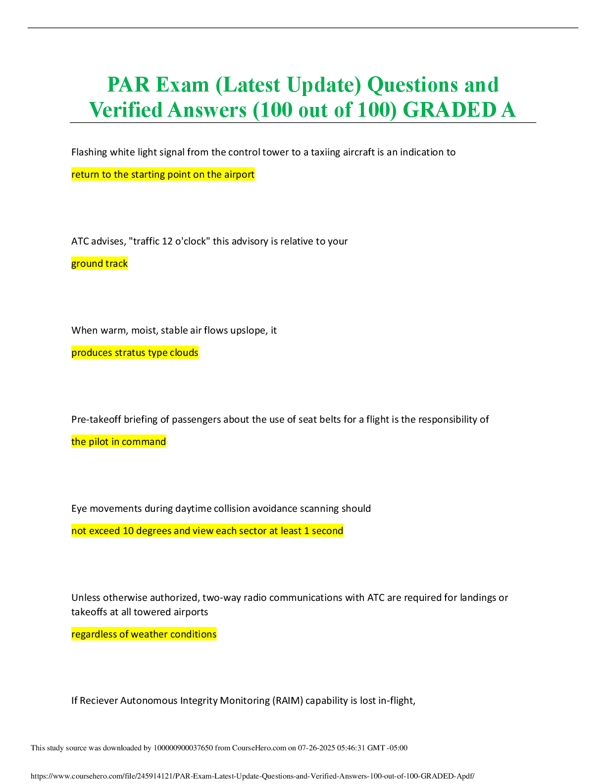 PAR Exam Questions & Answers (2025 Update) | 100% Correct | Graded A