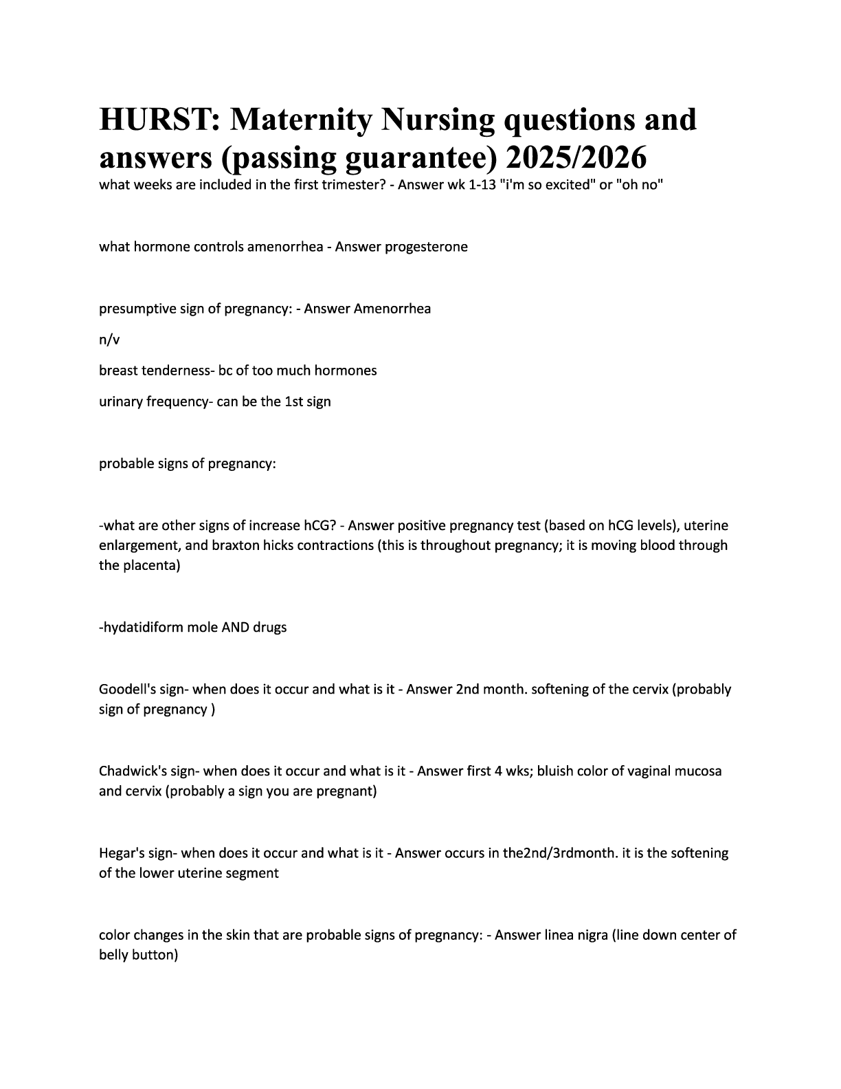 Preview image for HURST Maternity Nursing questions and answers (guaranteed to pass) 2025-2026