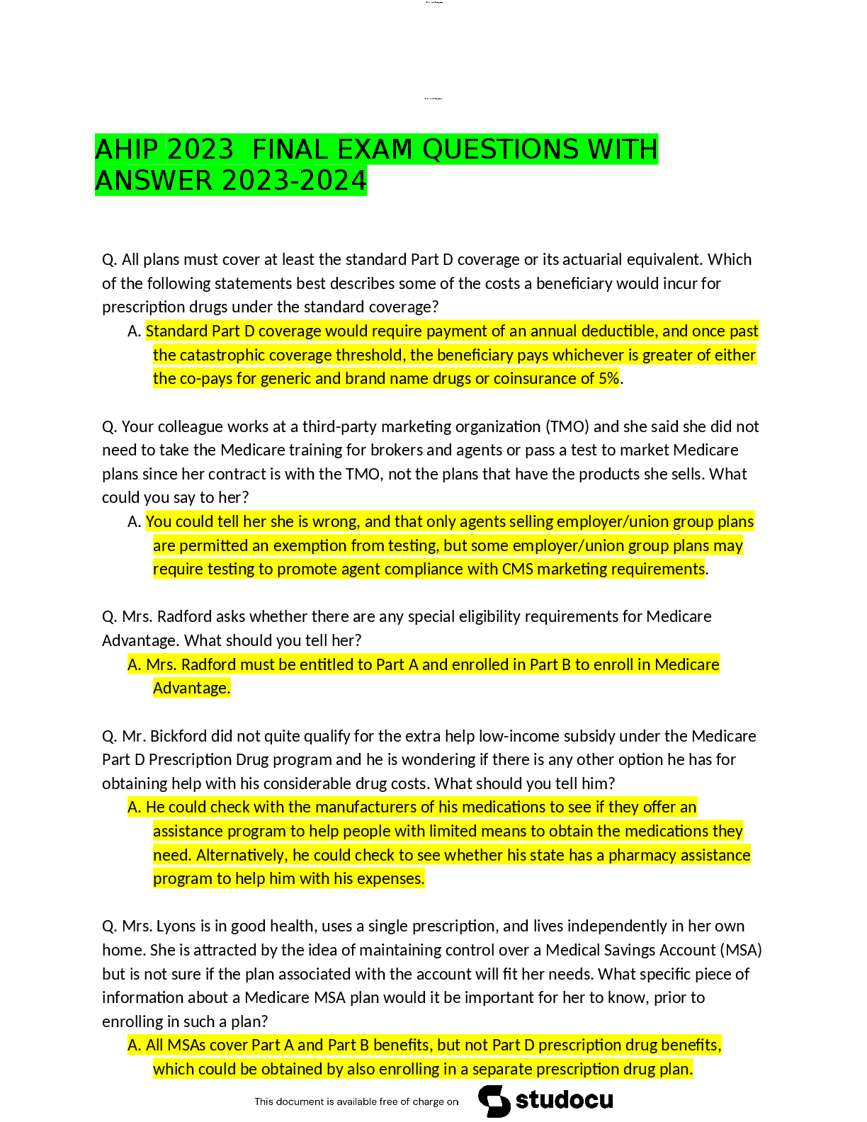Recommended document preview for AHIP 2023  FINAL EXAM QUESTIONS WITH   ANSWER 2023-2024