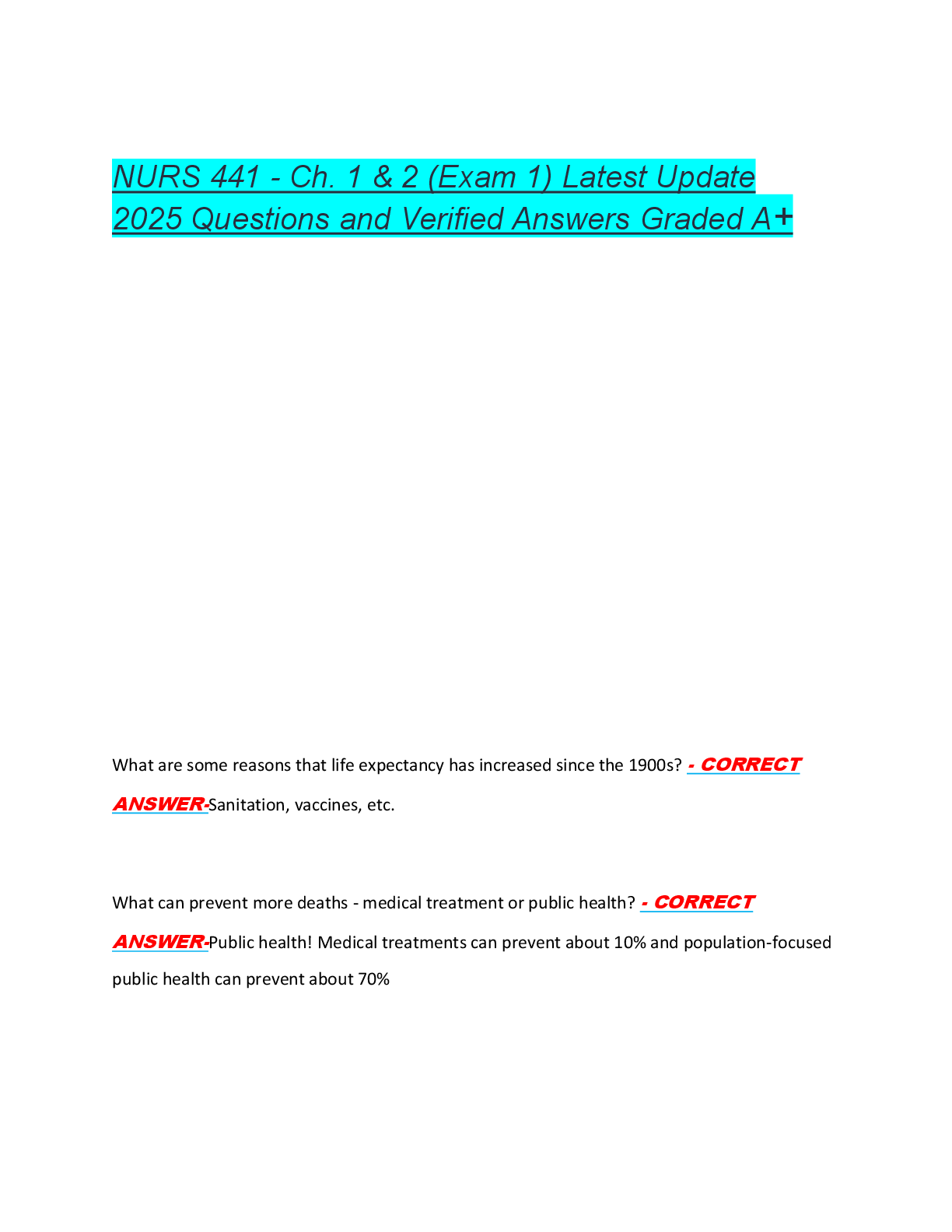NURS 441 Final Exam Latest 2025  Questions and Correct Answers Graded A+