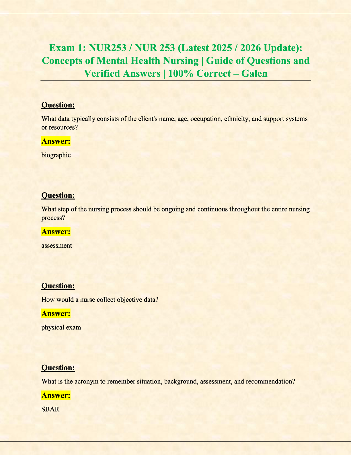 Preview image for Exam 1 NUR253  NUR 253 (Latest 2025 - 2026 Update) Concepts of Mental Health Nursing  Question Guide with Verified Answers  100% Correct – Galen