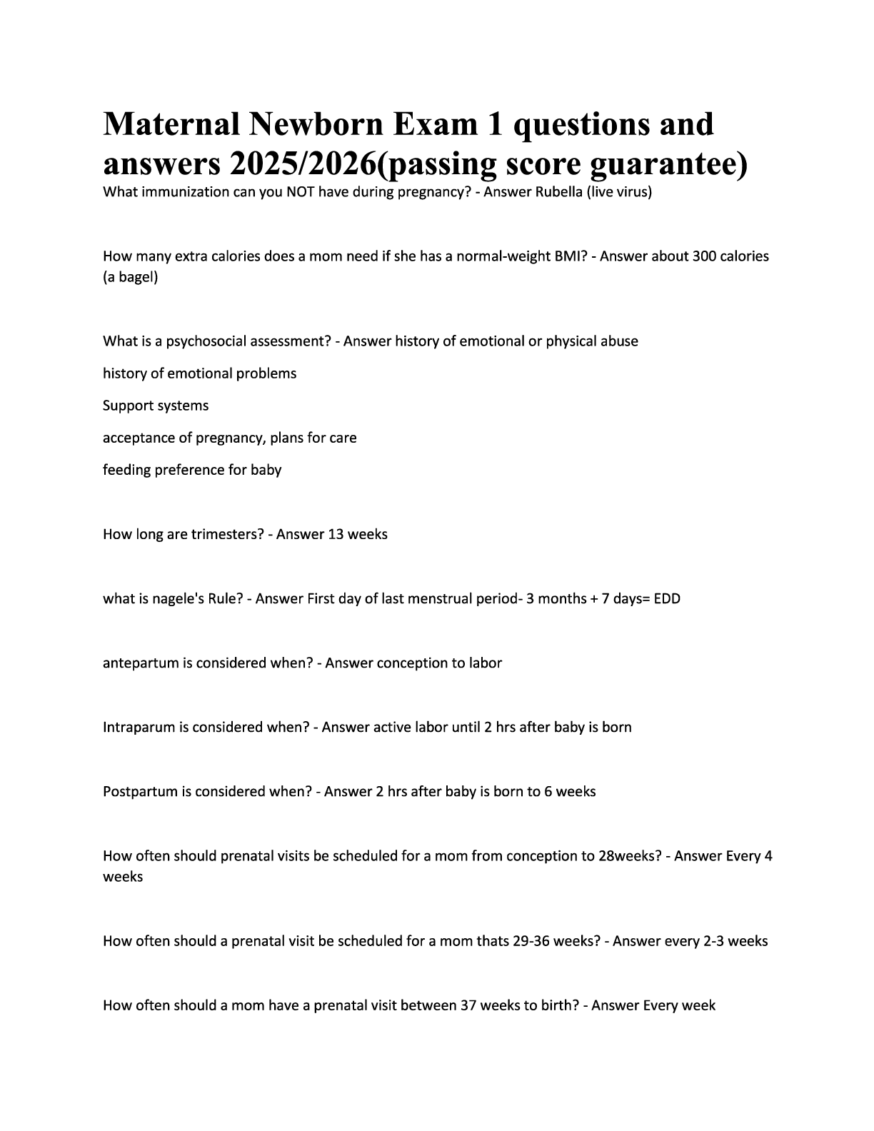 Preview image for Maternal Newborn Exam 1 questions and answers 2025-2026 (passing score guarantee)