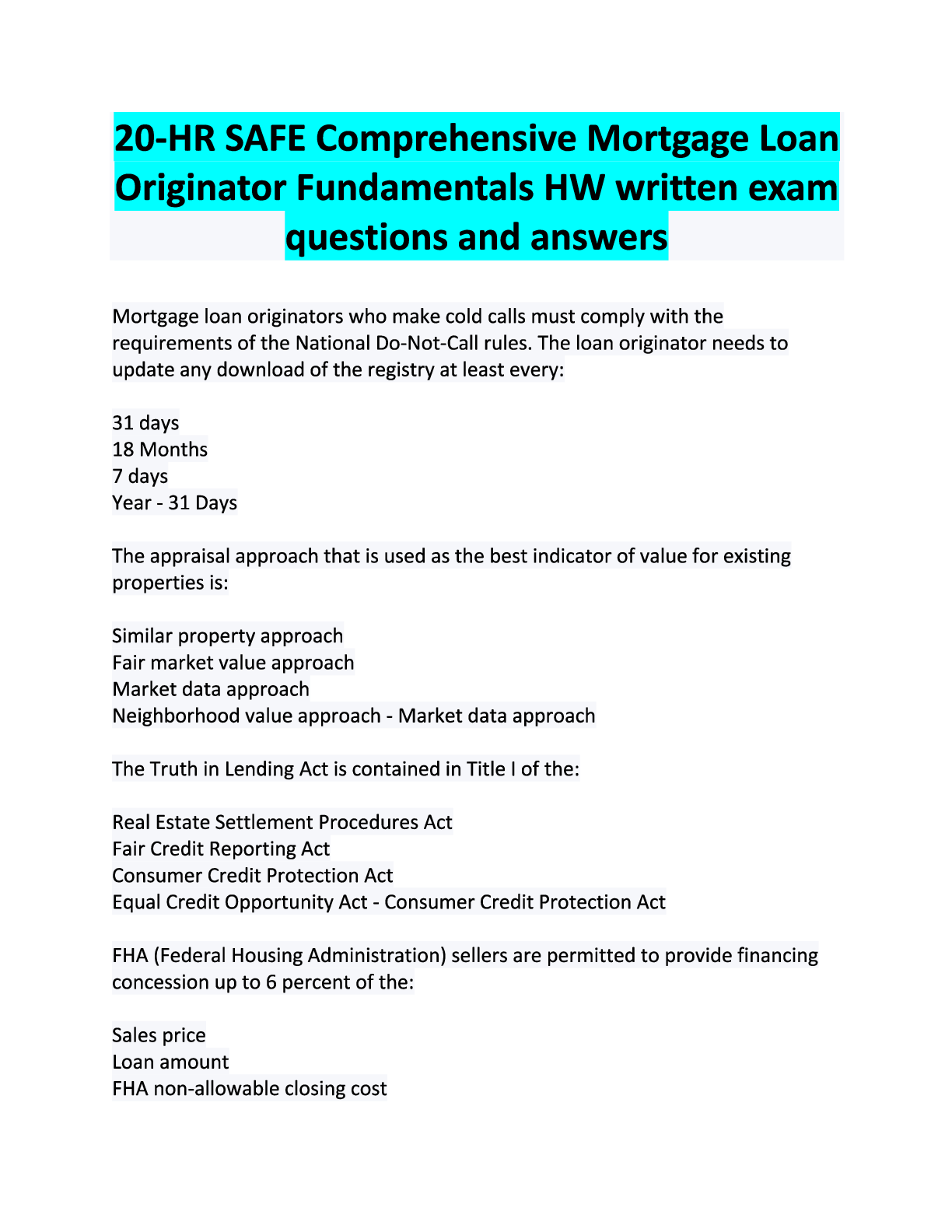 Preview image for 20-HR SAFE Comprehensive Mortgage Loan Originator Fundamentals Homework written exam questions and answers