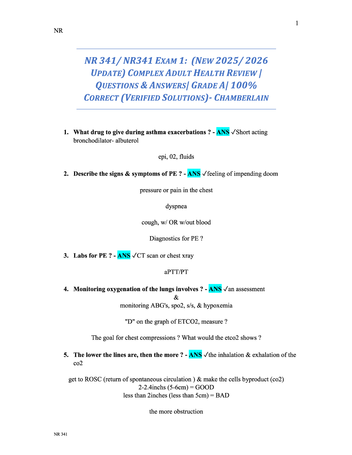 Preview image for NR 341 NR341 EXAM 1 (NEW 20252026 UPDATE) COMPLEX ADULT HEALTH REVIEW  QUESTIONS & ANSWERS  GRADE A  100% CORRECT (VERIFIED SOLUTIONS) - CHAMBERLAIN