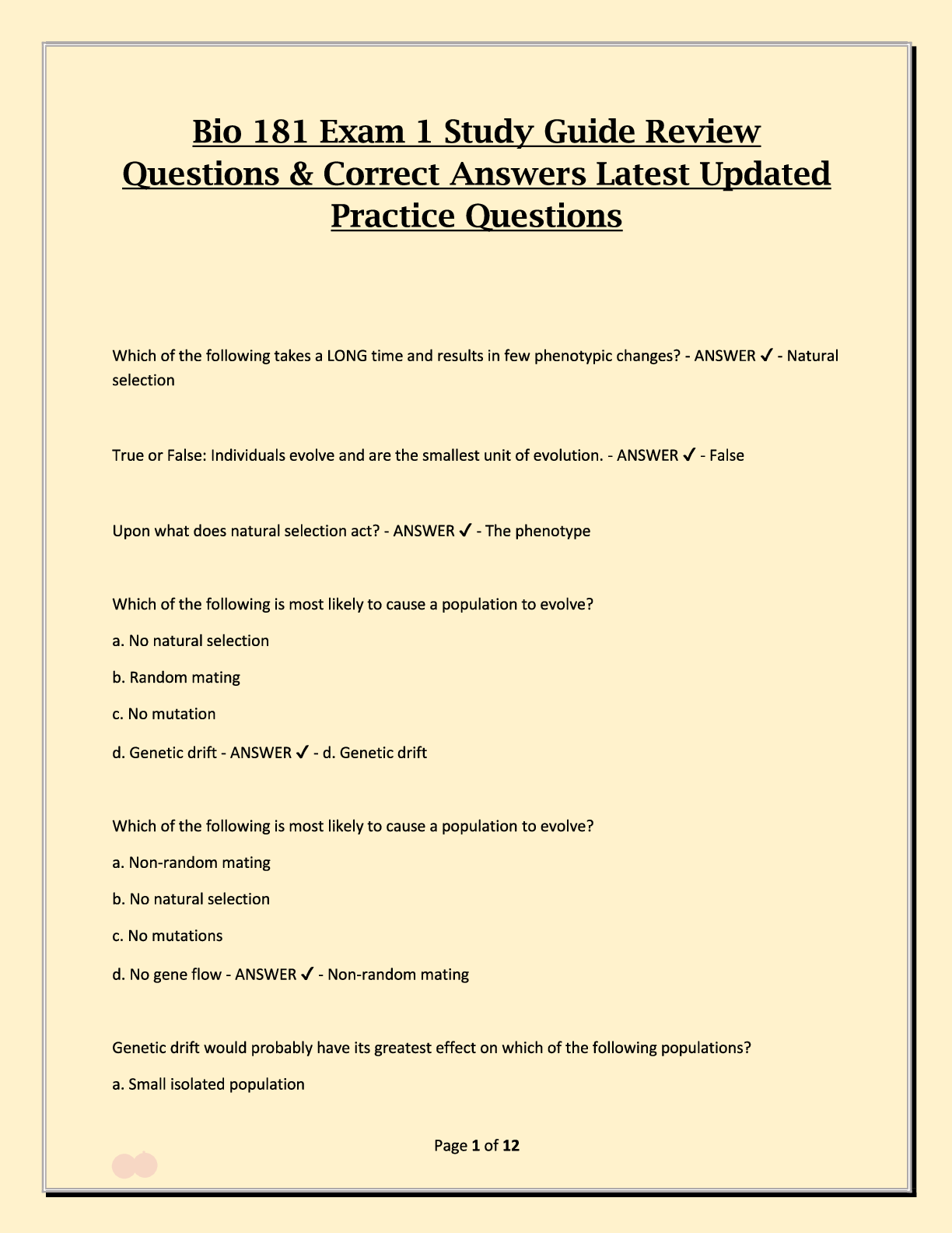 Preview image for Bio 181 Exam 1 Study Guide Review Questions and Correct Answers - Latest Updated Practice Questions