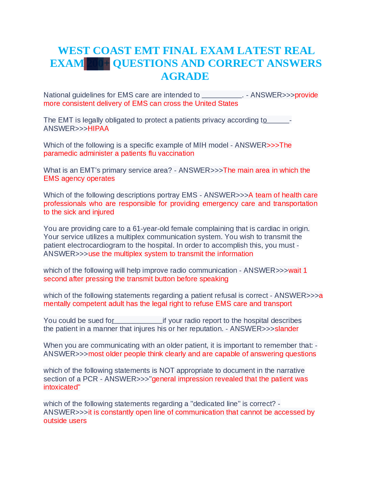 Preview image for WEST COAST EMT FINAL_EXAM_LATEST_REAL_EXAM__QUESTIONS_AND_CORRECT_ANSWERS_AGRADE.pdf.doc