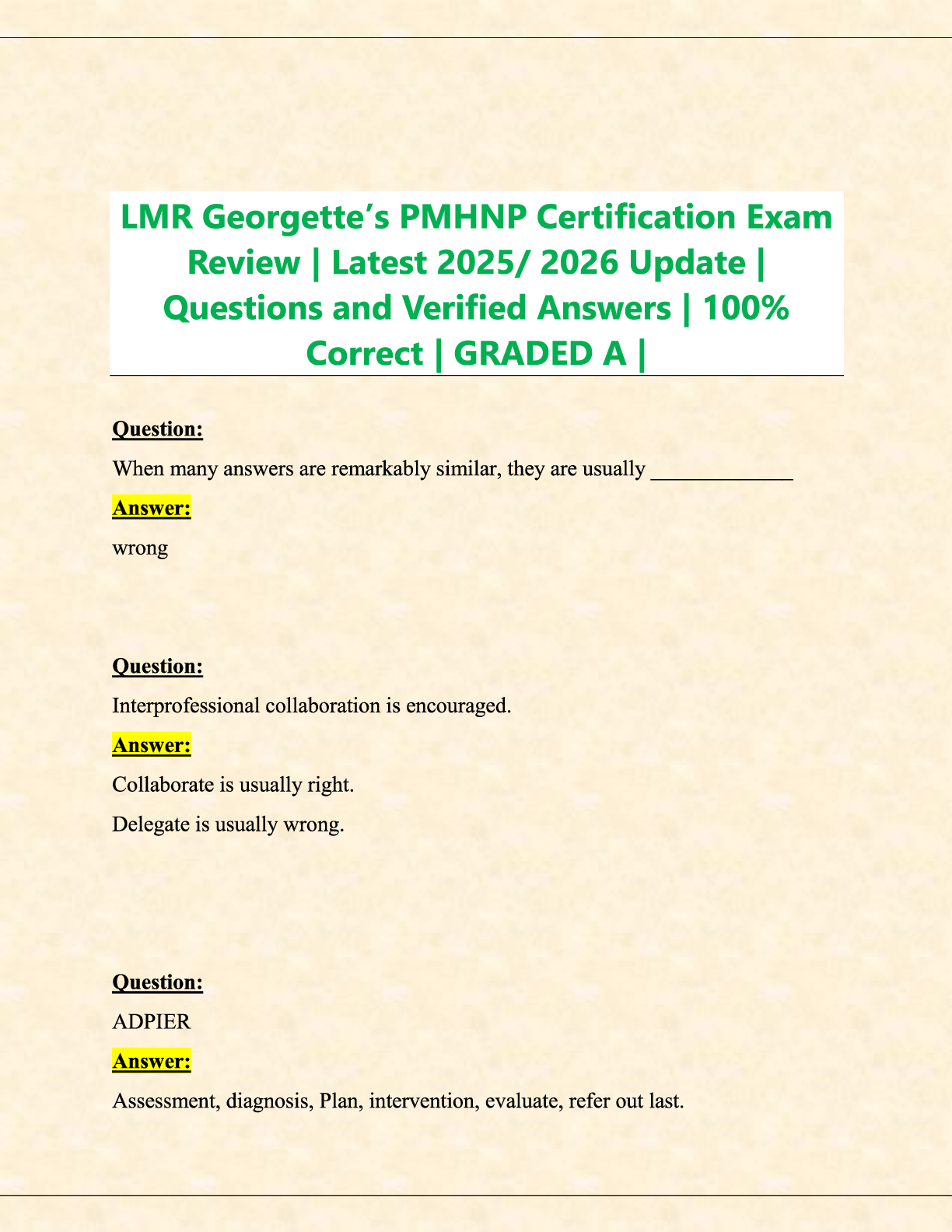 Preview image for LMR Georgette’s PMHNP Certification Exam Review  Latest 2025-2026 Update  Questions and Verified Answers  100% Correct  GRADED A