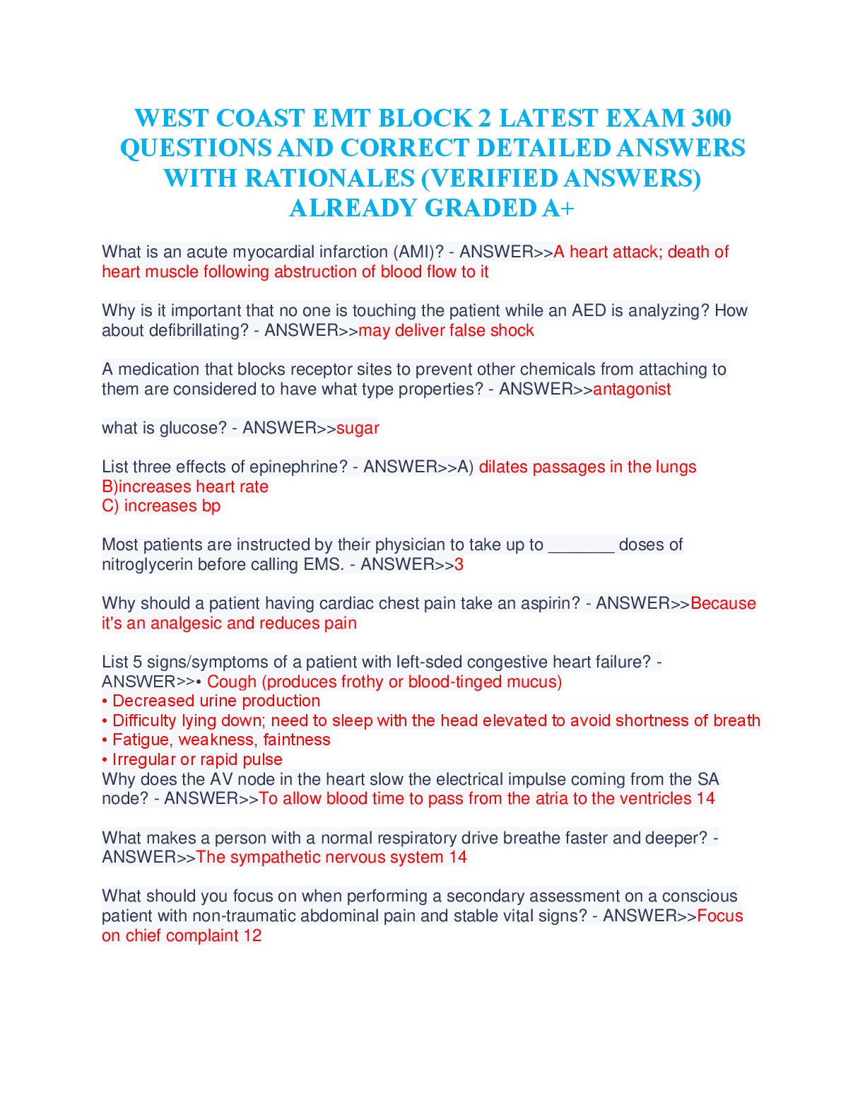 Preview image for WEST COAST EMT BLOCK_2_LATEST_EXAM_300_QUESTIONS_AND_CORRECT_DETAILED_ANSWERS_WITH_RATIONALES.pdf