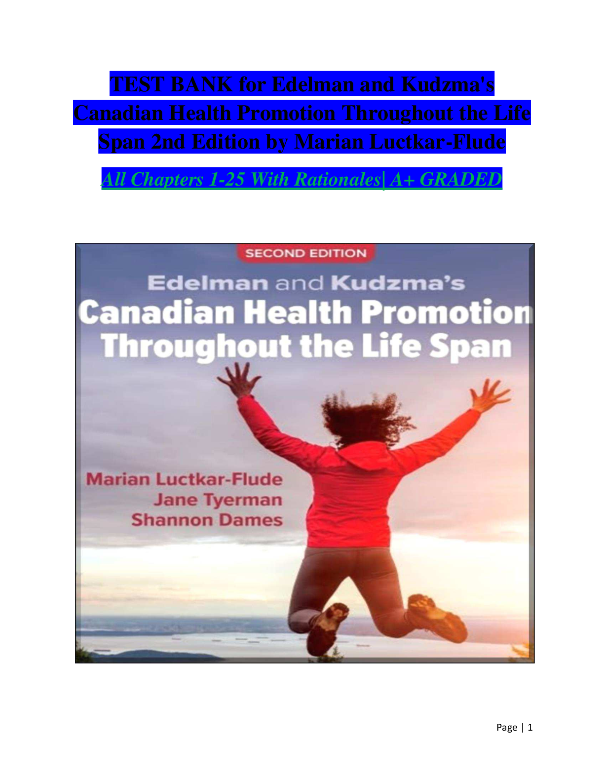 TEST BANK for Edelman and Kudzma's Canadian Health Promotion Throughout the Life Span 2nd Edition by Marian Luctkar-Flude All Chapters 1-25 A+