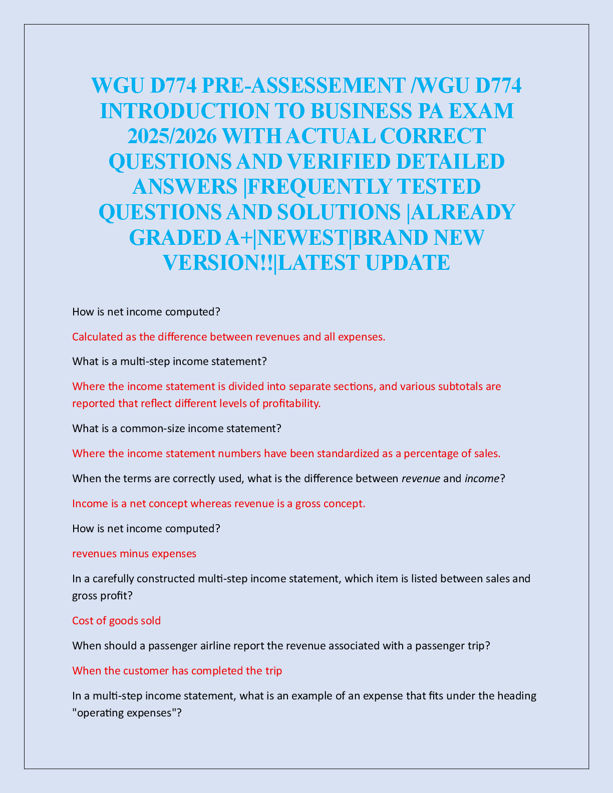 Preview image for WGU D774 PRE-ASSESSEMENT /WGU D774  INTRODUCTION TO BUSINESS PA EXAM  2025/2026