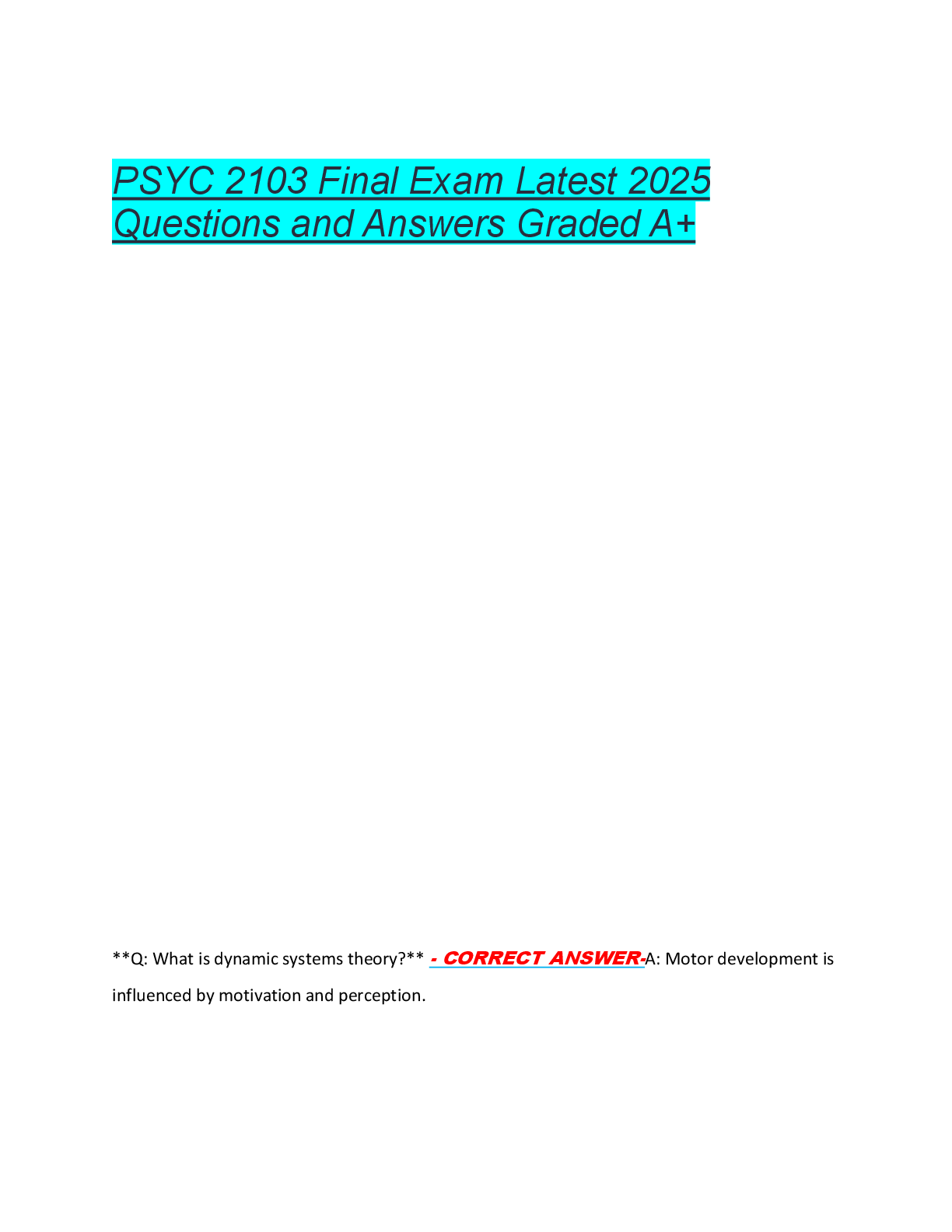 Preview of PSYC 2103 Final Exam Latest 2025  Questions and Answers Graded A+
